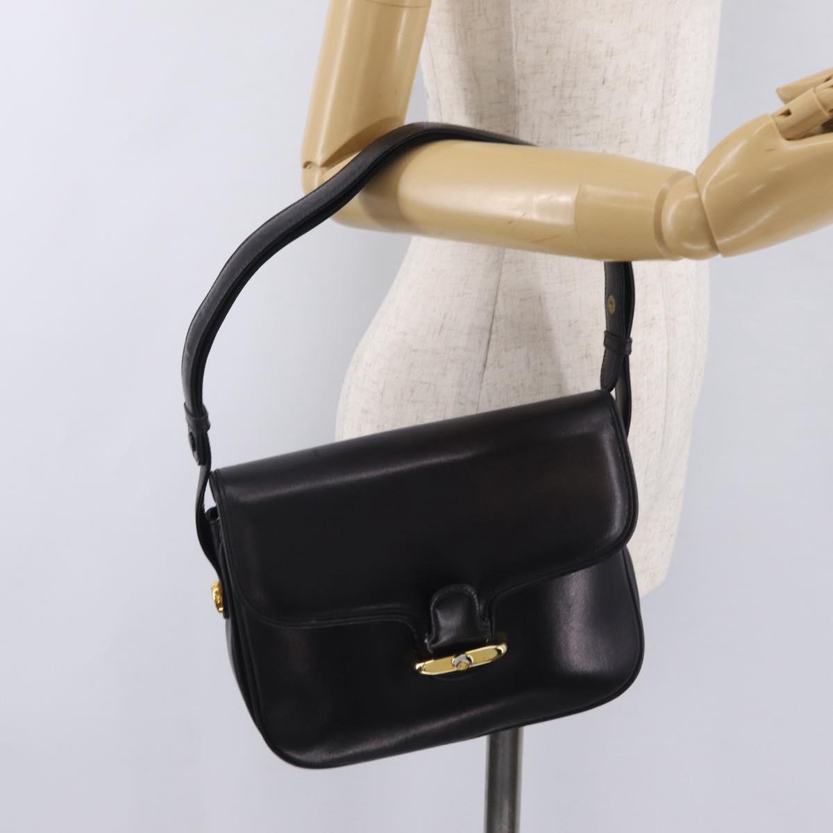GUCCI Shoulder Bag Leather Black Gold Auth 206133