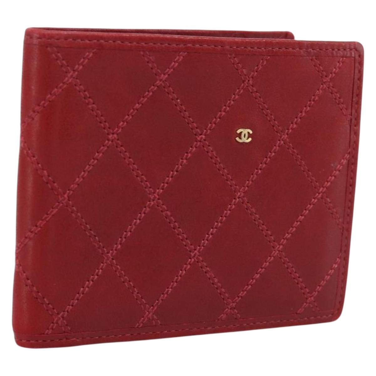 CHANEL Bicolore Compact Wallet Lamb Skin Red CC Auth 206142V