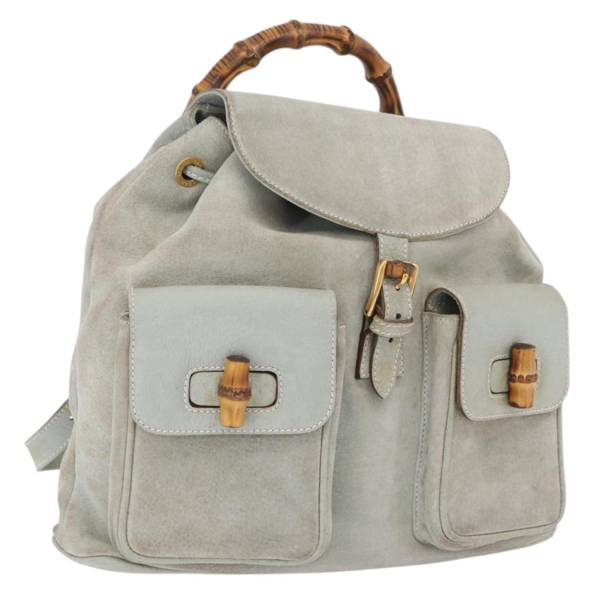 GUCCI Bamboo Backpack Leather Light Blue Gold 003 2058 0016 Auth 206231