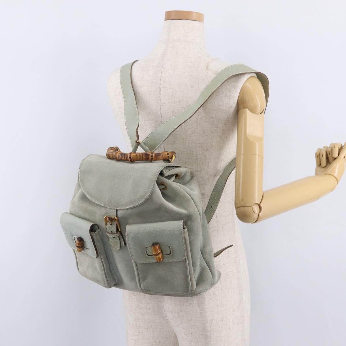 GUCCI Bamboo Backpack Leather Light Blue Gold 003 2058 0016 Auth 206231