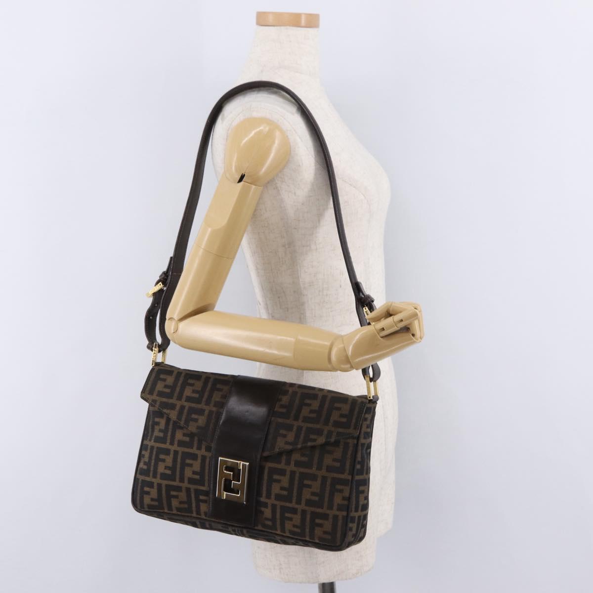 FENDI Zucca Canvas Shoulder Bag Brown Black Auth 206232A