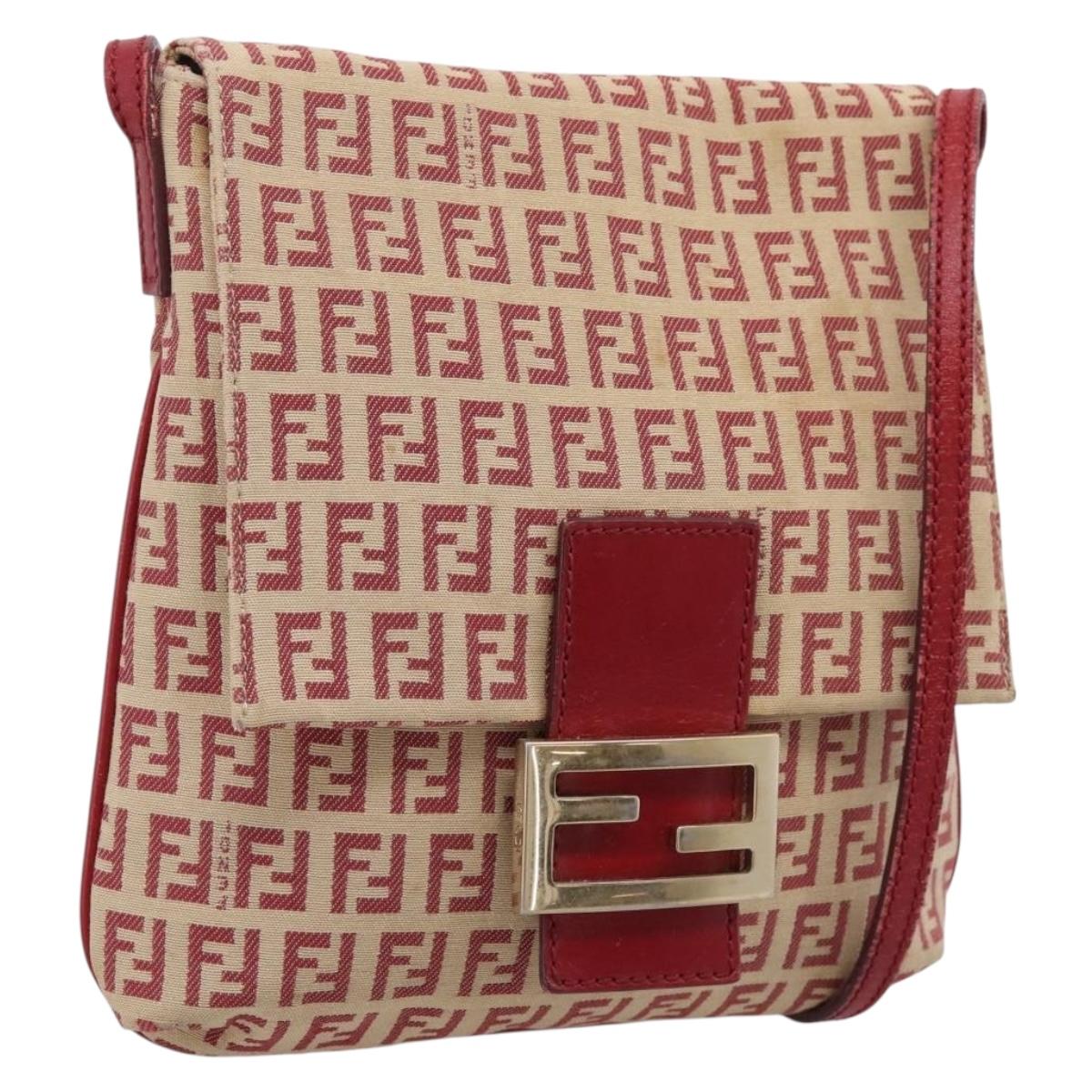 FENDI Zucchino Canvas Mamma Baguette Shoulder Bag Red Gold 8BT075 Auth 206235