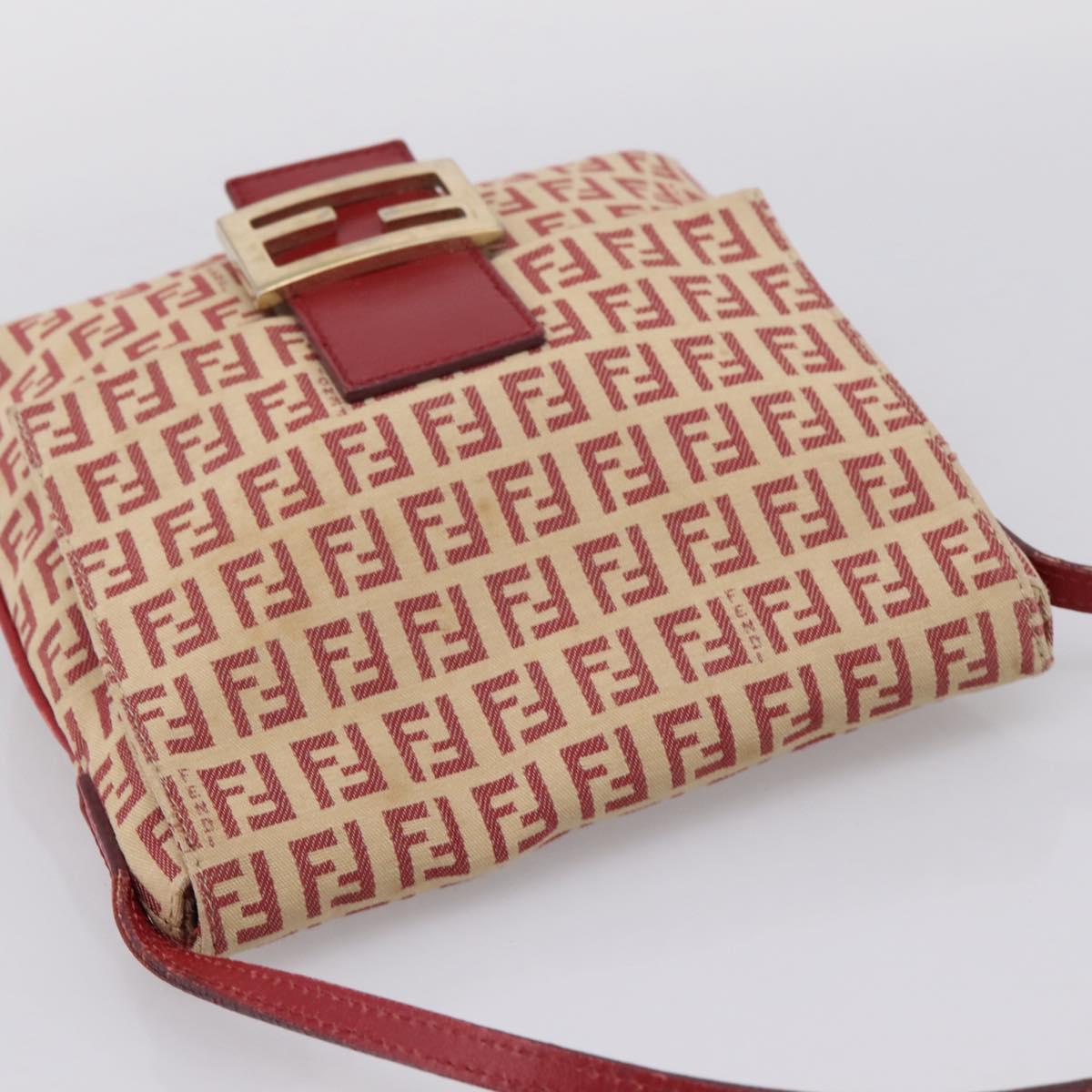 FENDI Zucchino Canvas Mamma Baguette Shoulder Bag Red Gold 8BT075 Auth 206235