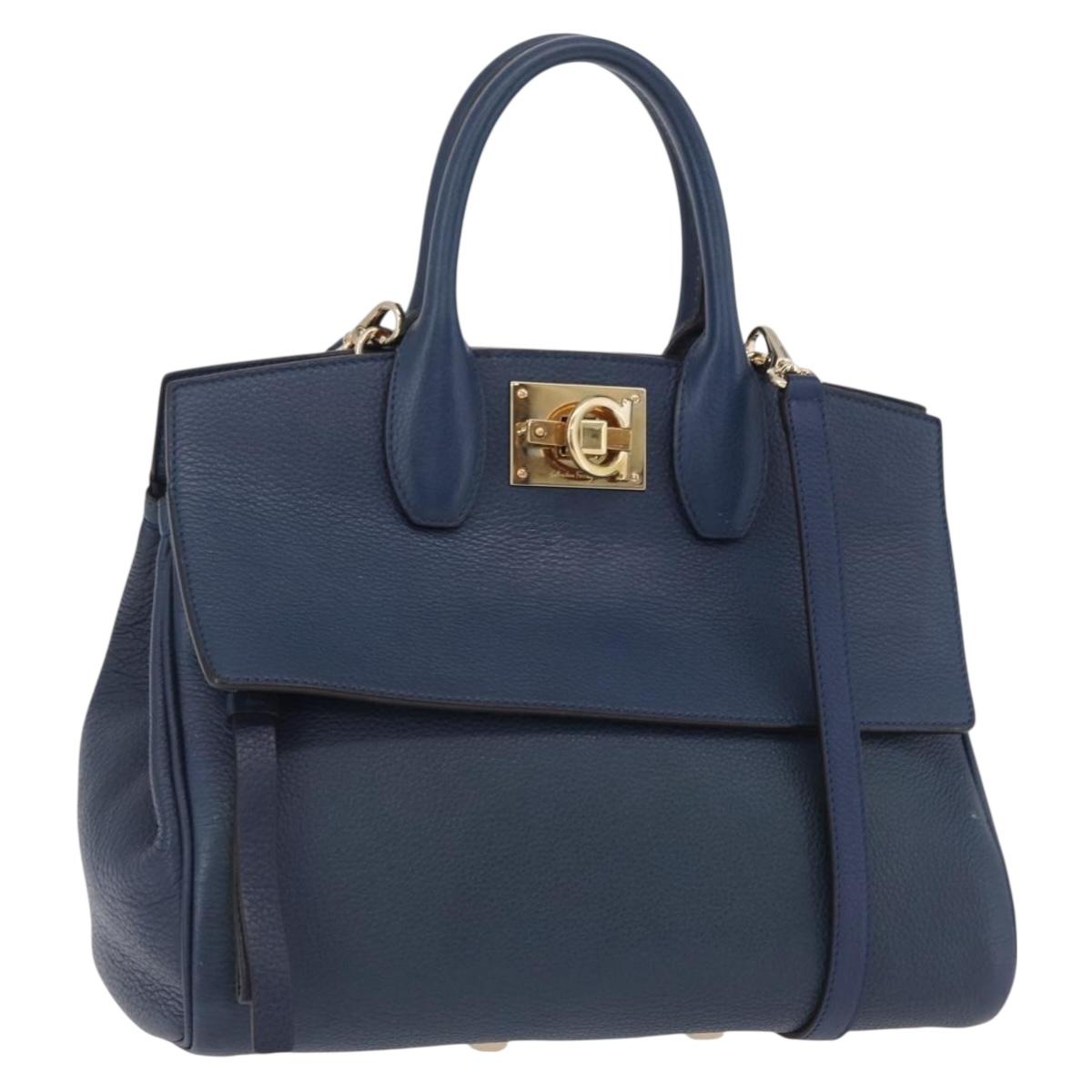 Salvatore Ferragamo Gancini Studio Bag Leather 2way Navy Gold Auth 206236A