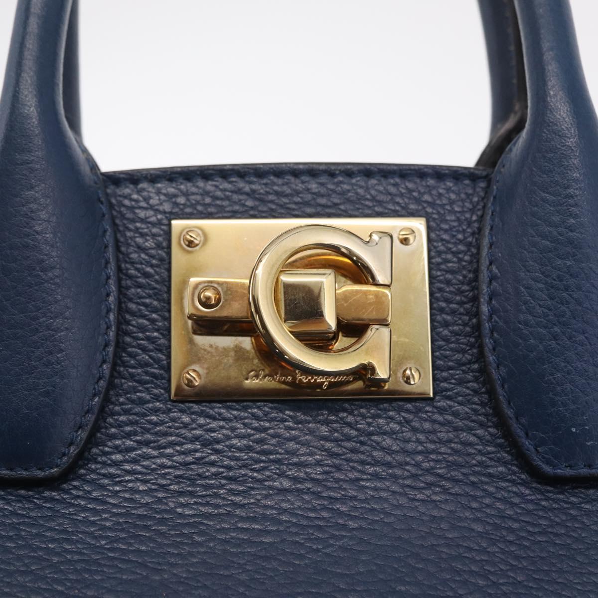 Salvatore Ferragamo Gancini Studio Bag Leather 2way Navy Gold Auth 206236A