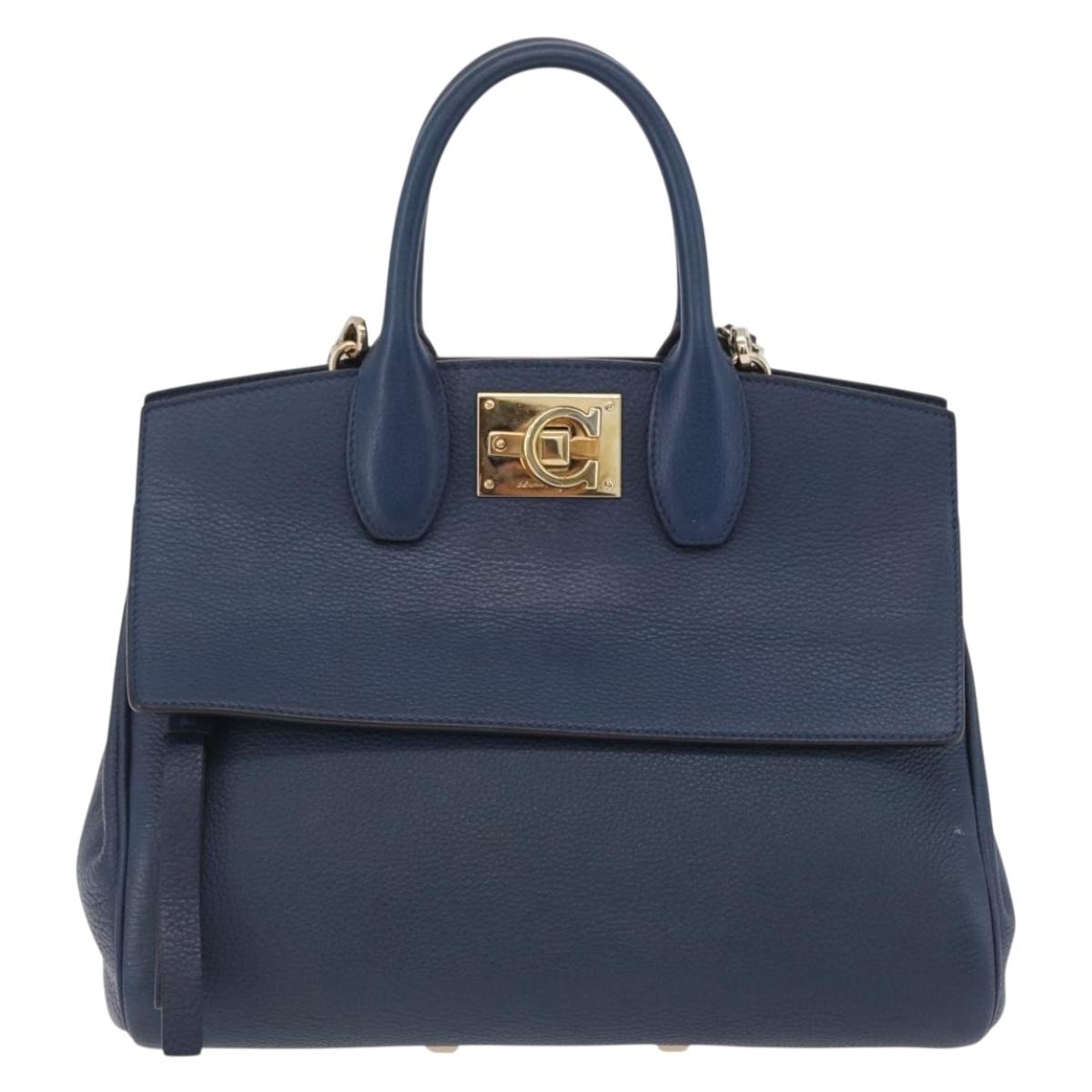 Salvatore Ferragamo Gancini Studio Bag Leather 2way Navy Gold Auth 206236A