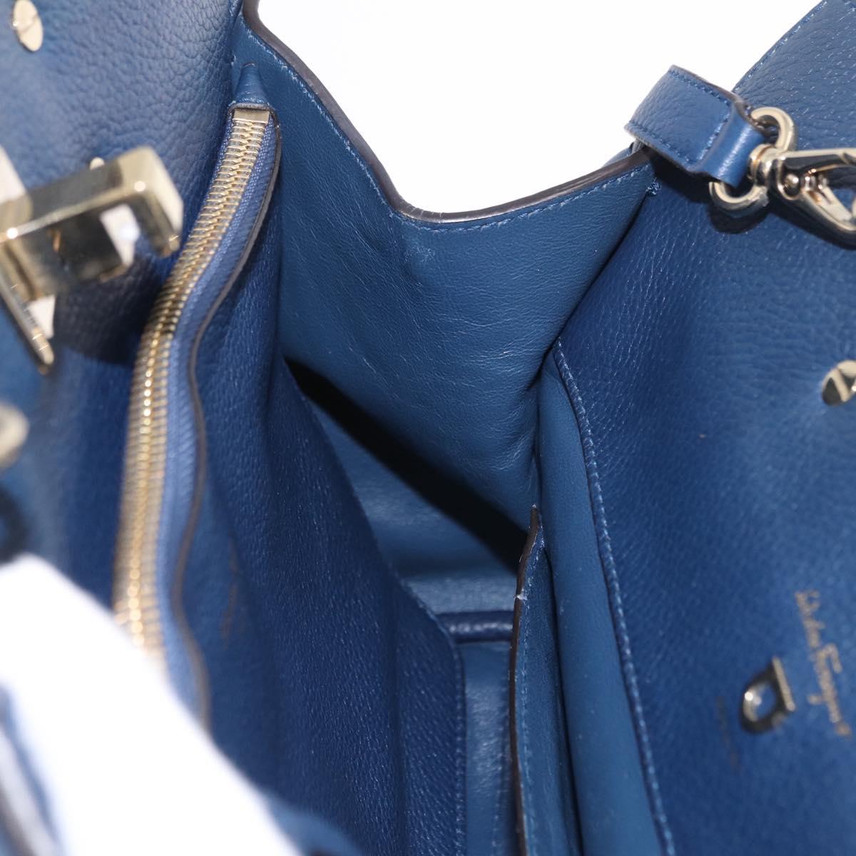 Salvatore Ferragamo Gancini Studio Bag Leather 2way Navy Gold Auth 206236A