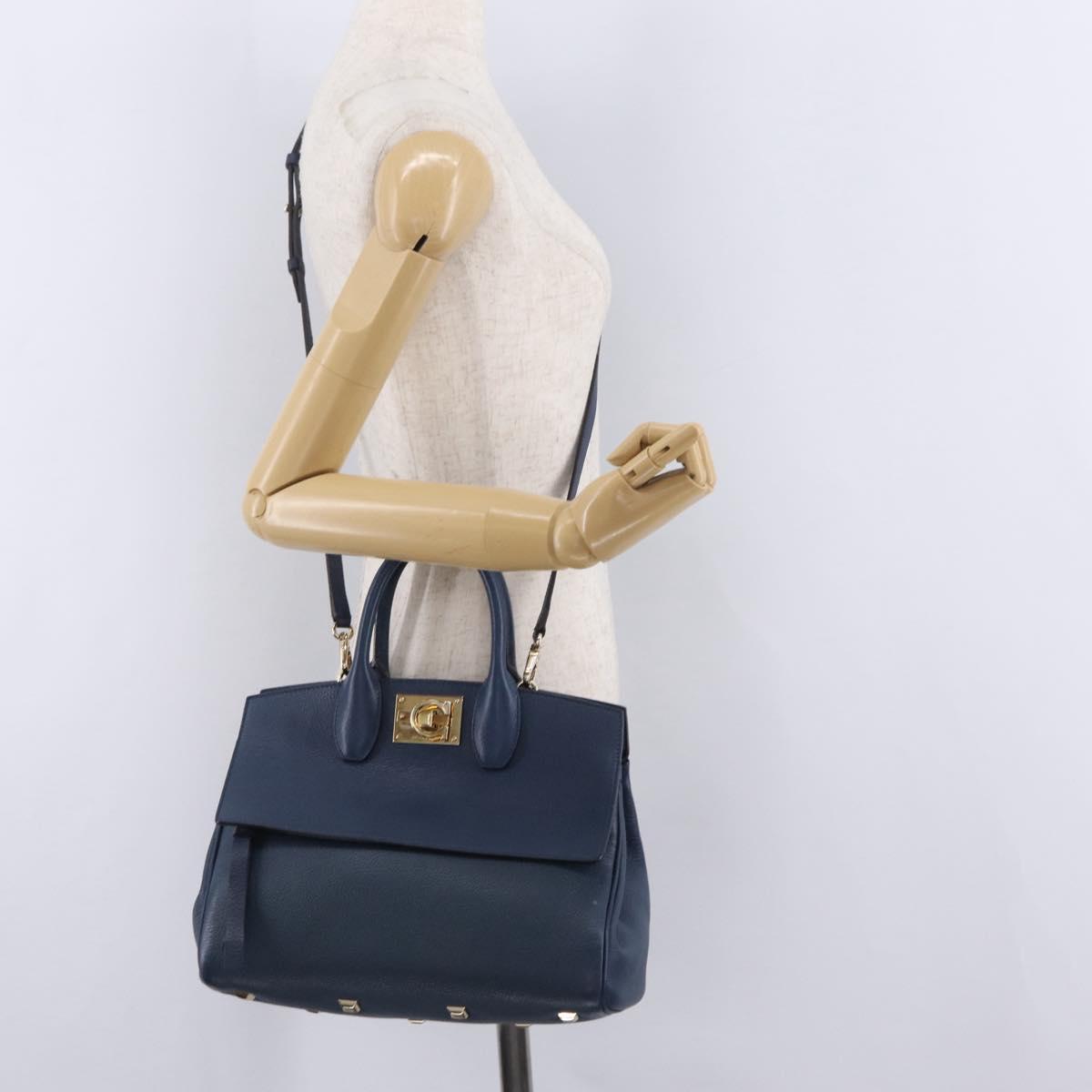 Salvatore Ferragamo Gancini Studio Bag Leather 2way Navy Gold Auth 206236A