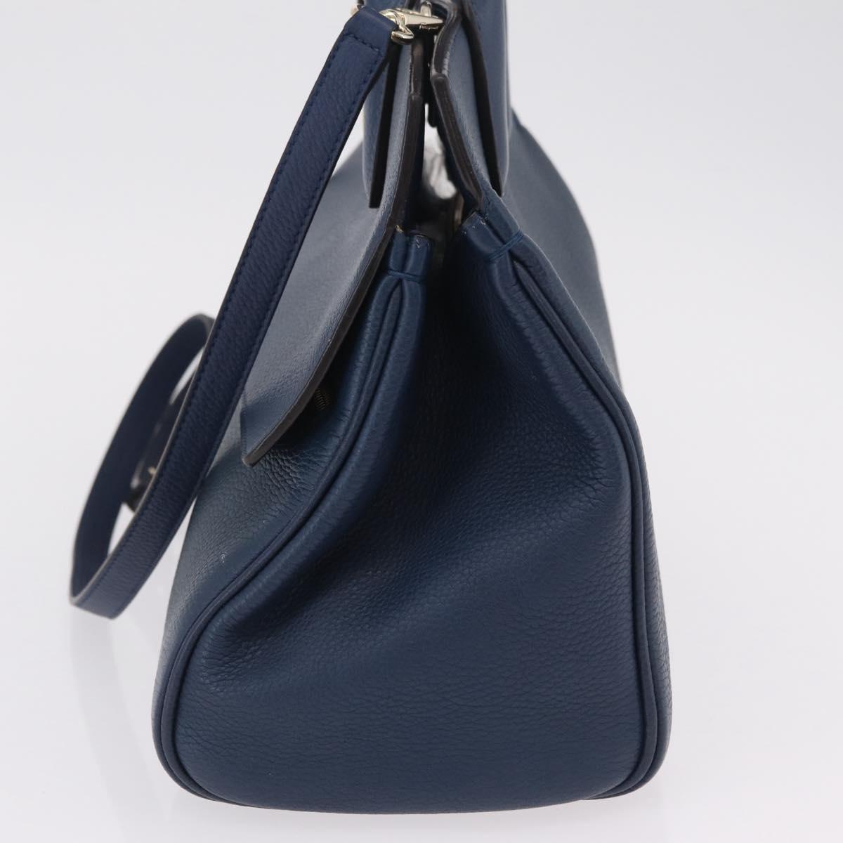 Salvatore Ferragamo Gancini Studio Bag Leather 2way Navy Gold Auth 206236A
