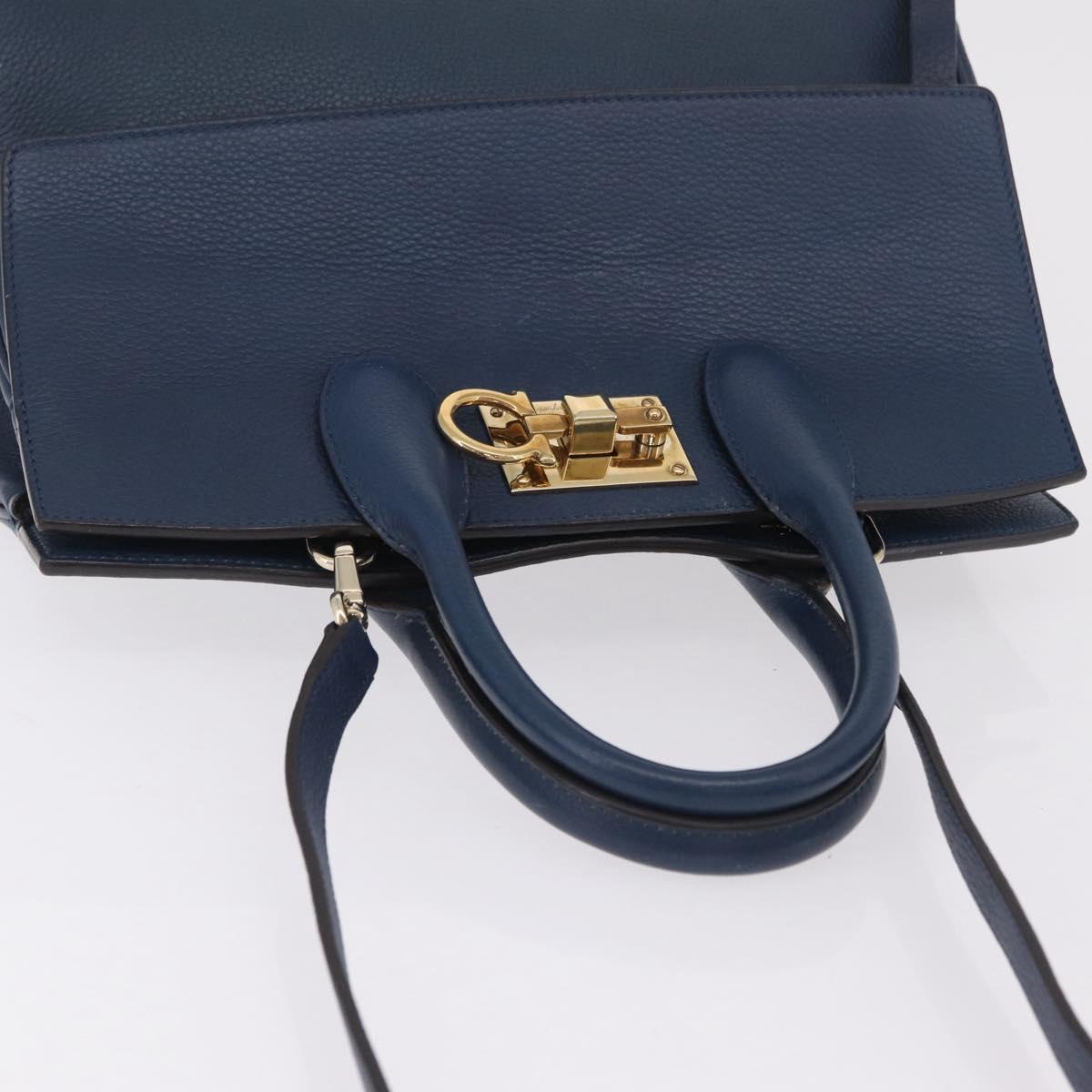 Salvatore Ferragamo Gancini Studio Bag Leather 2way Navy Gold Auth 206236A