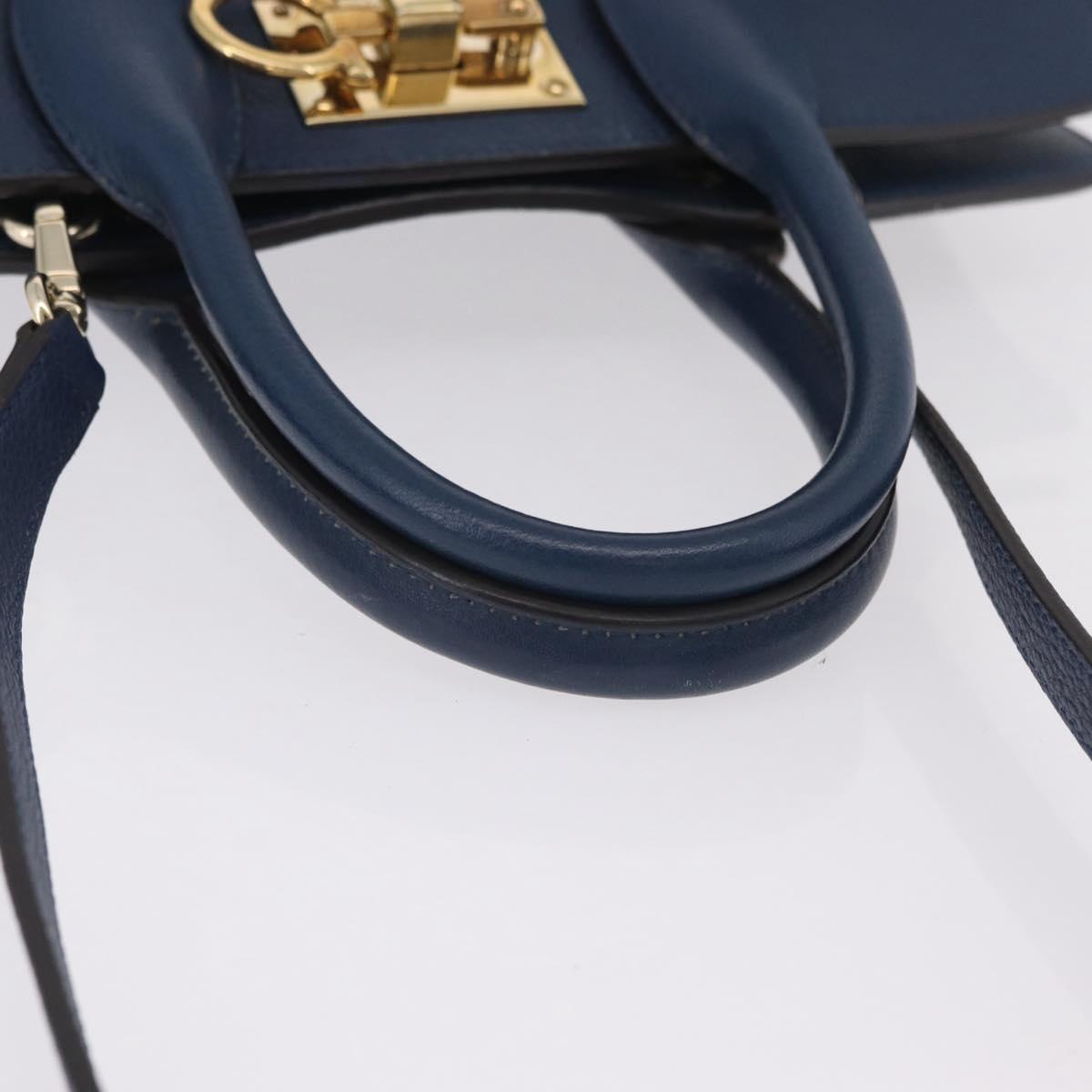 Salvatore Ferragamo Gancini Studio Bag Leather 2way Navy Gold Auth 206236A