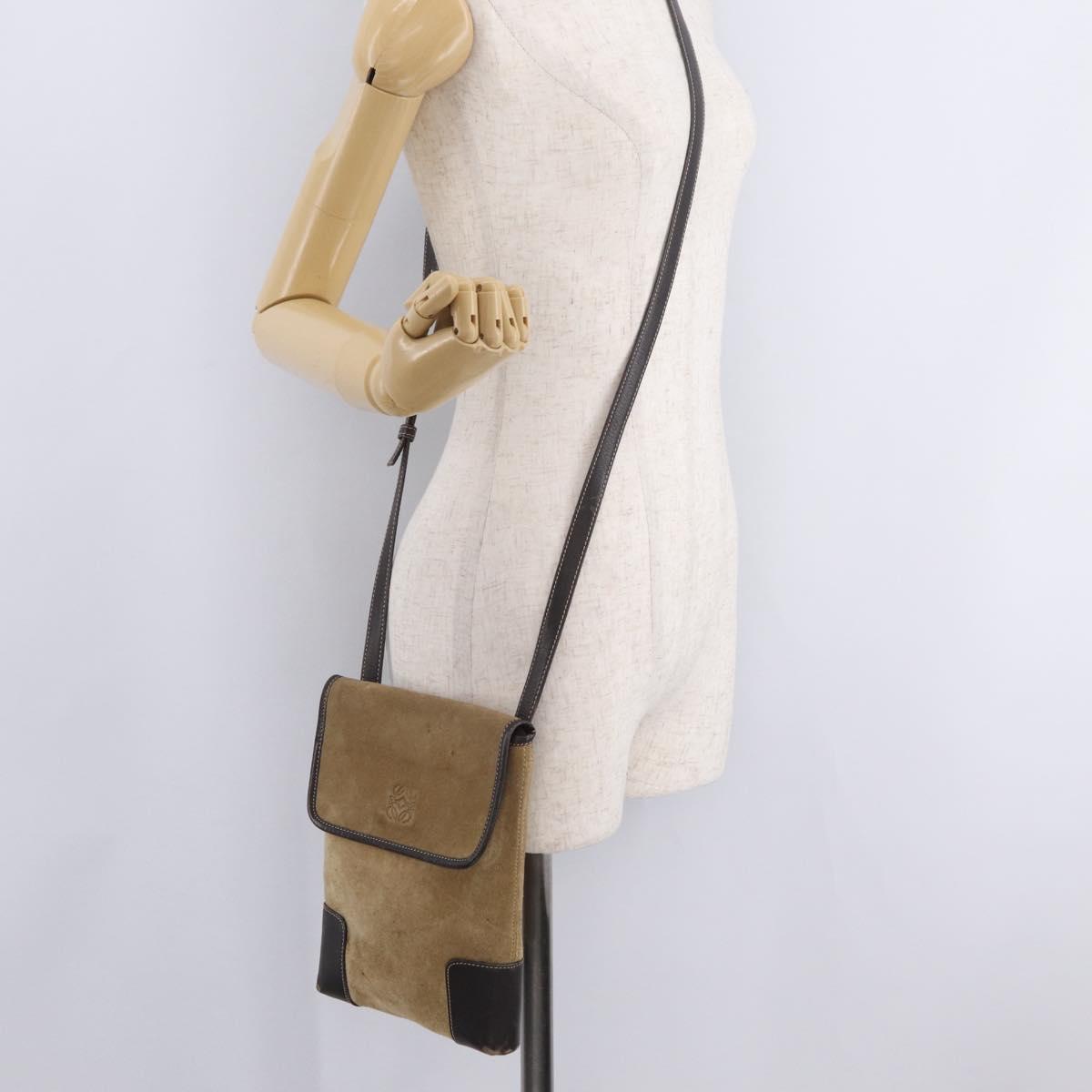 LOEWE Shoulder Bag Suede Beige Gold Auth 206237