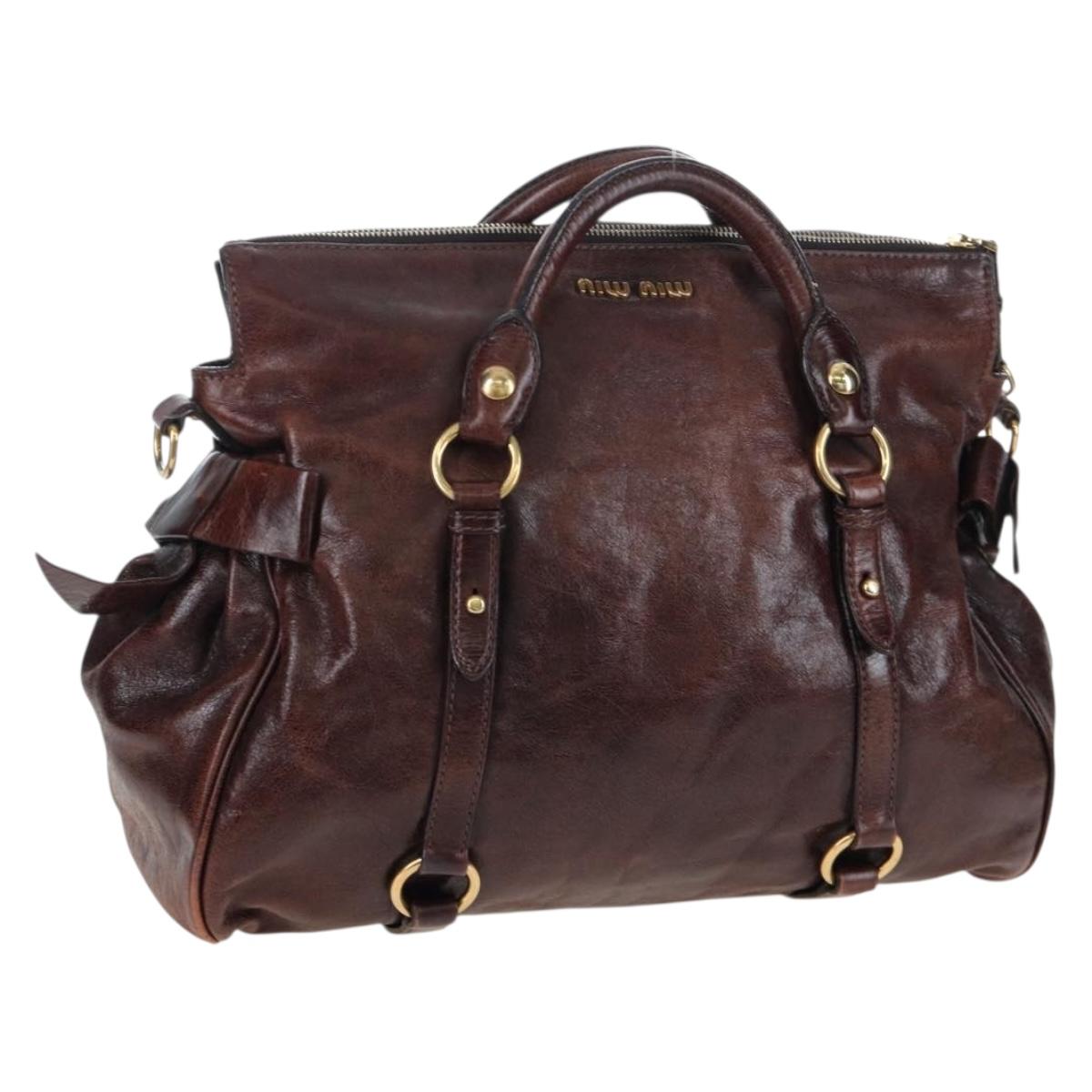 Miu Miu Hand Bag Vitellolux Brown Gold Auth 206240A