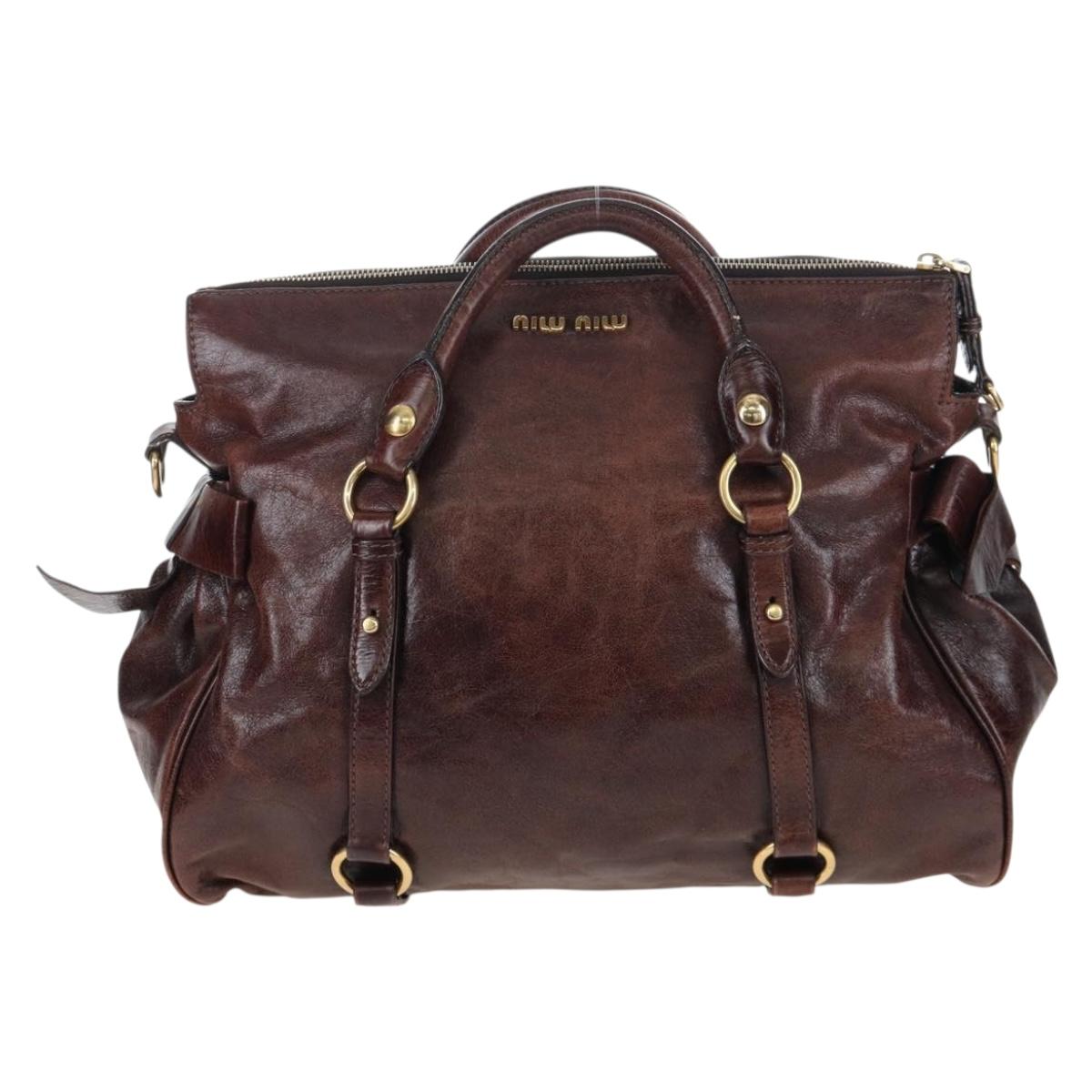 Miu Miu Hand Bag Vitellolux Brown Gold Auth 206240A