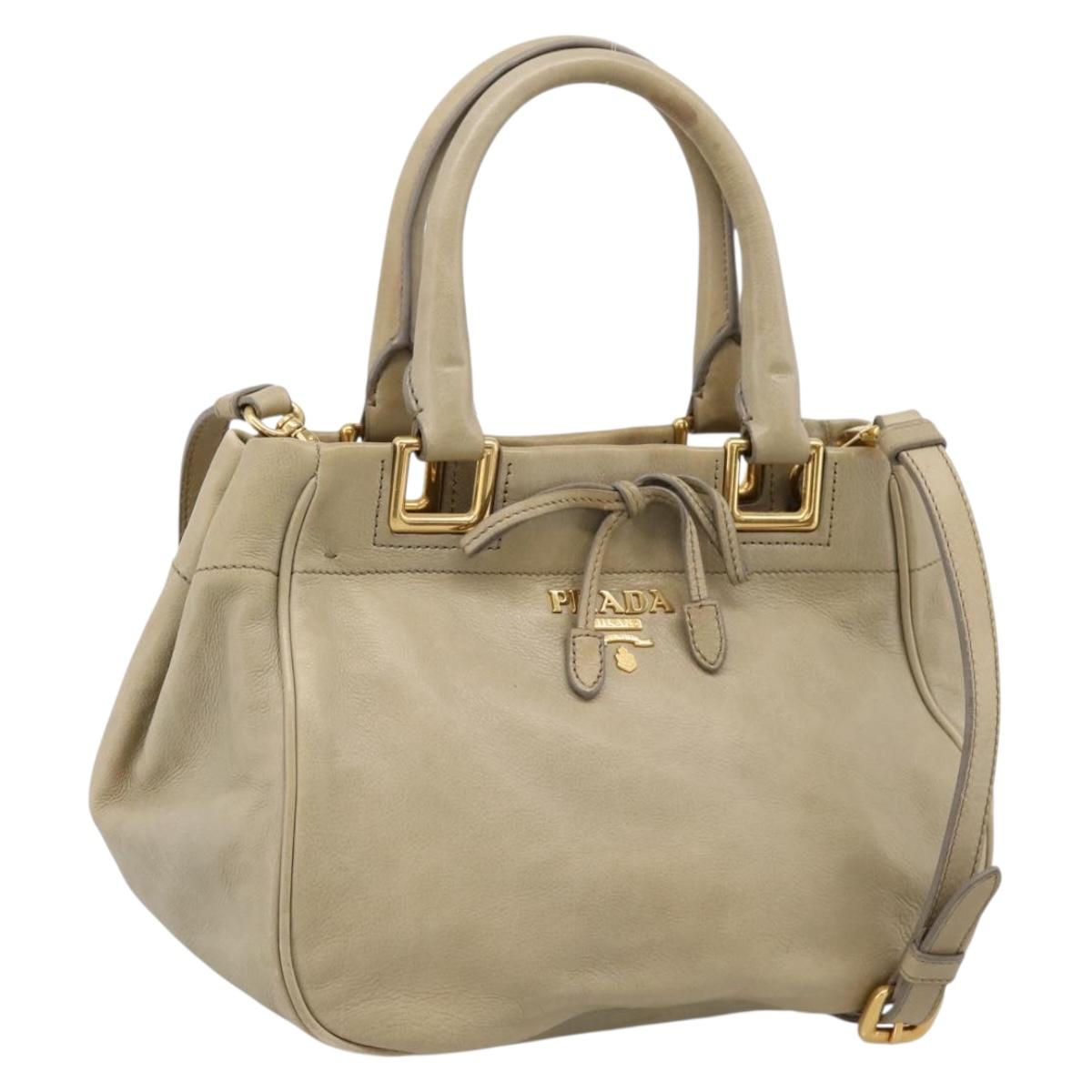 PRADA Hand Bag Leather 2way Beige Gold Auth 206241A