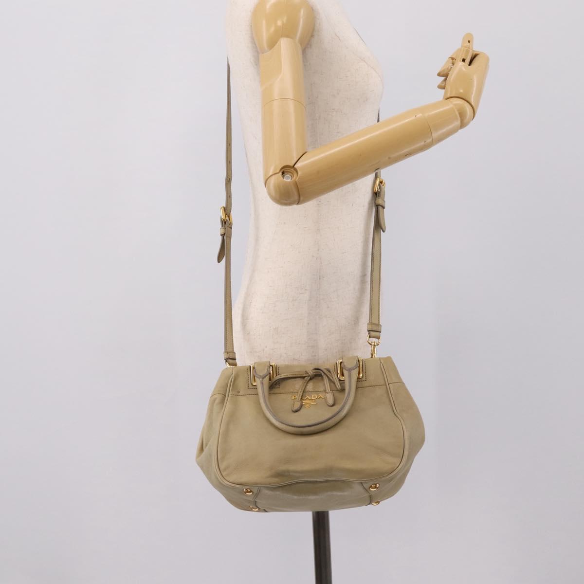 PRADA Hand Bag Leather 2way Beige Gold Auth 206241A