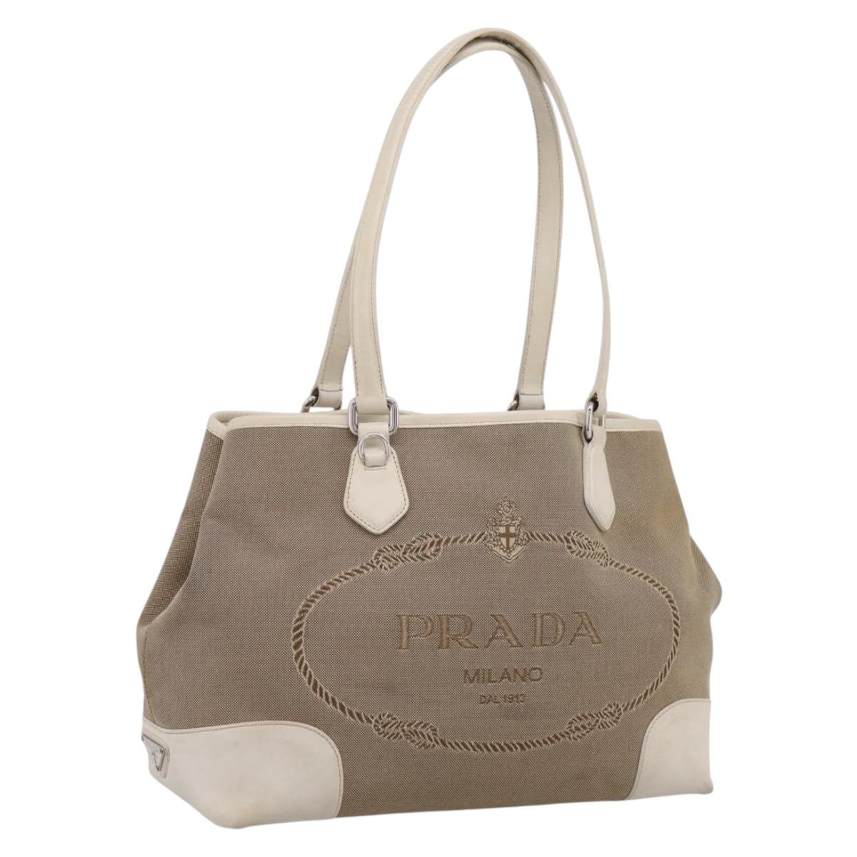 PRADA Tote Bag Canvas Jacquard Beige Silver Auth 206242A