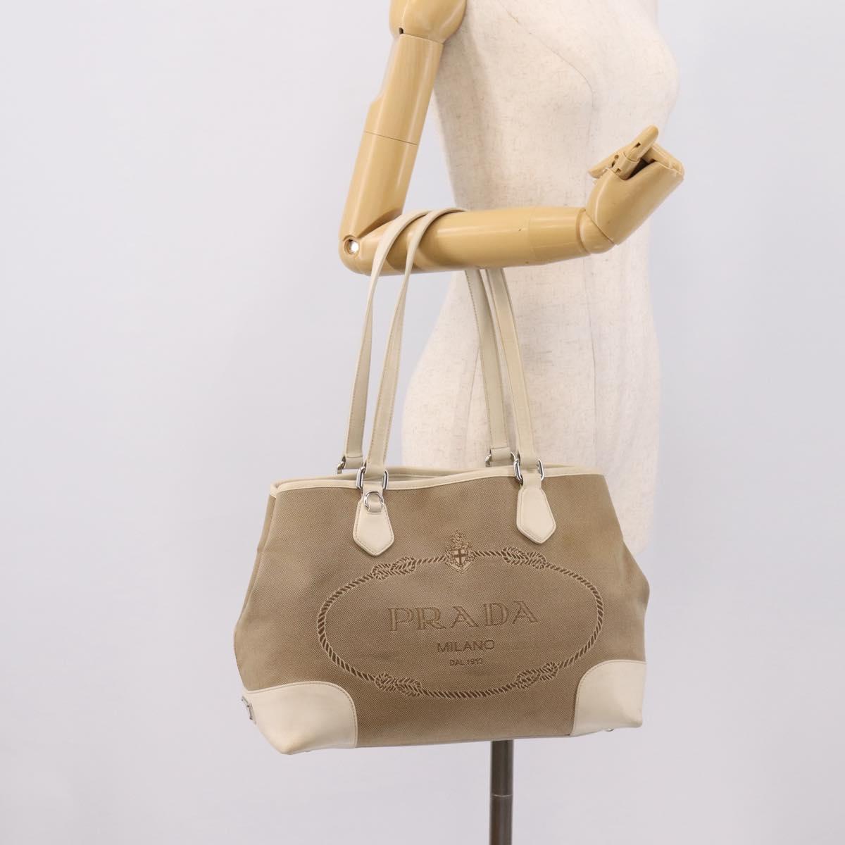 PRADA Tote Bag Canvas Jacquard Beige Silver Auth 206242A