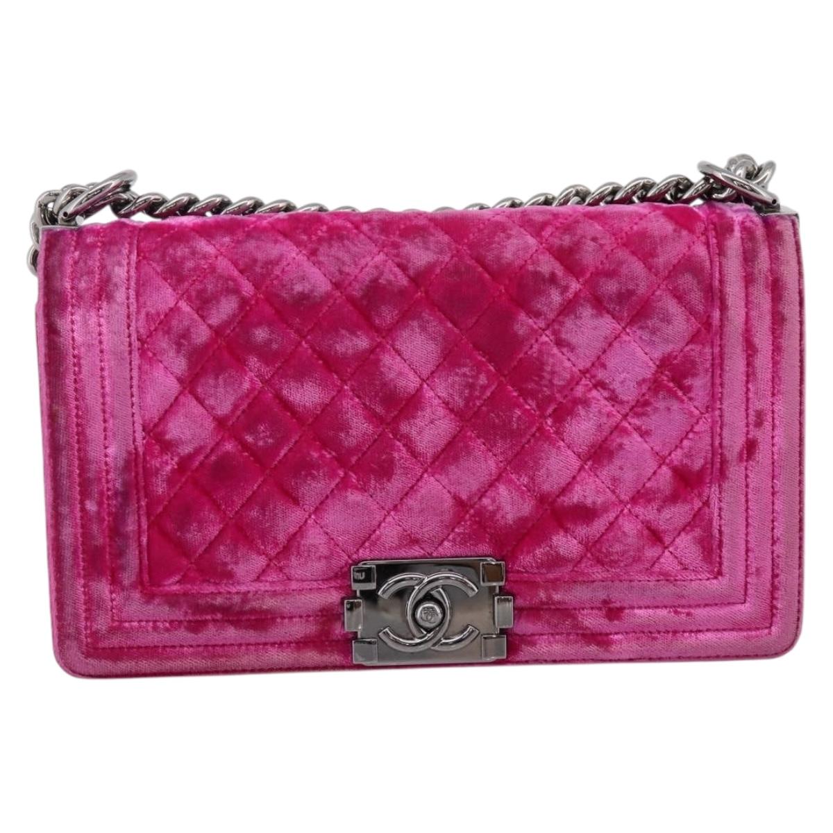 CHANEL Matelasse Boy Chanel Chain Shoulder Bag Velor Pink Silver CC Auth 206259M