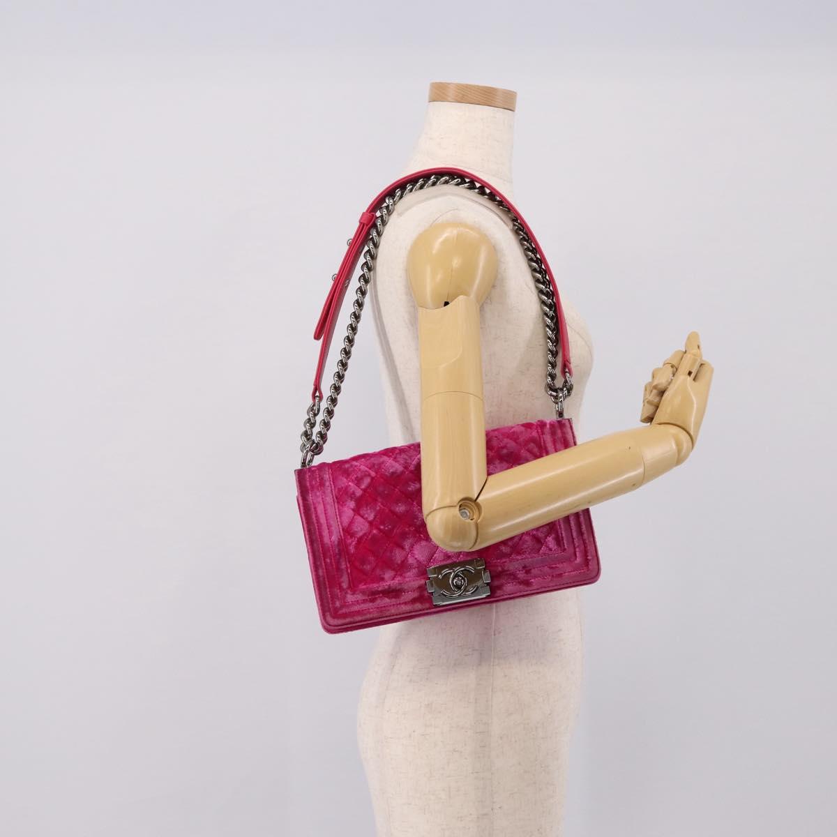 CHANEL Matelasse Boy Chanel Chain Shoulder Bag Velor Pink Silver CC Auth 206259M