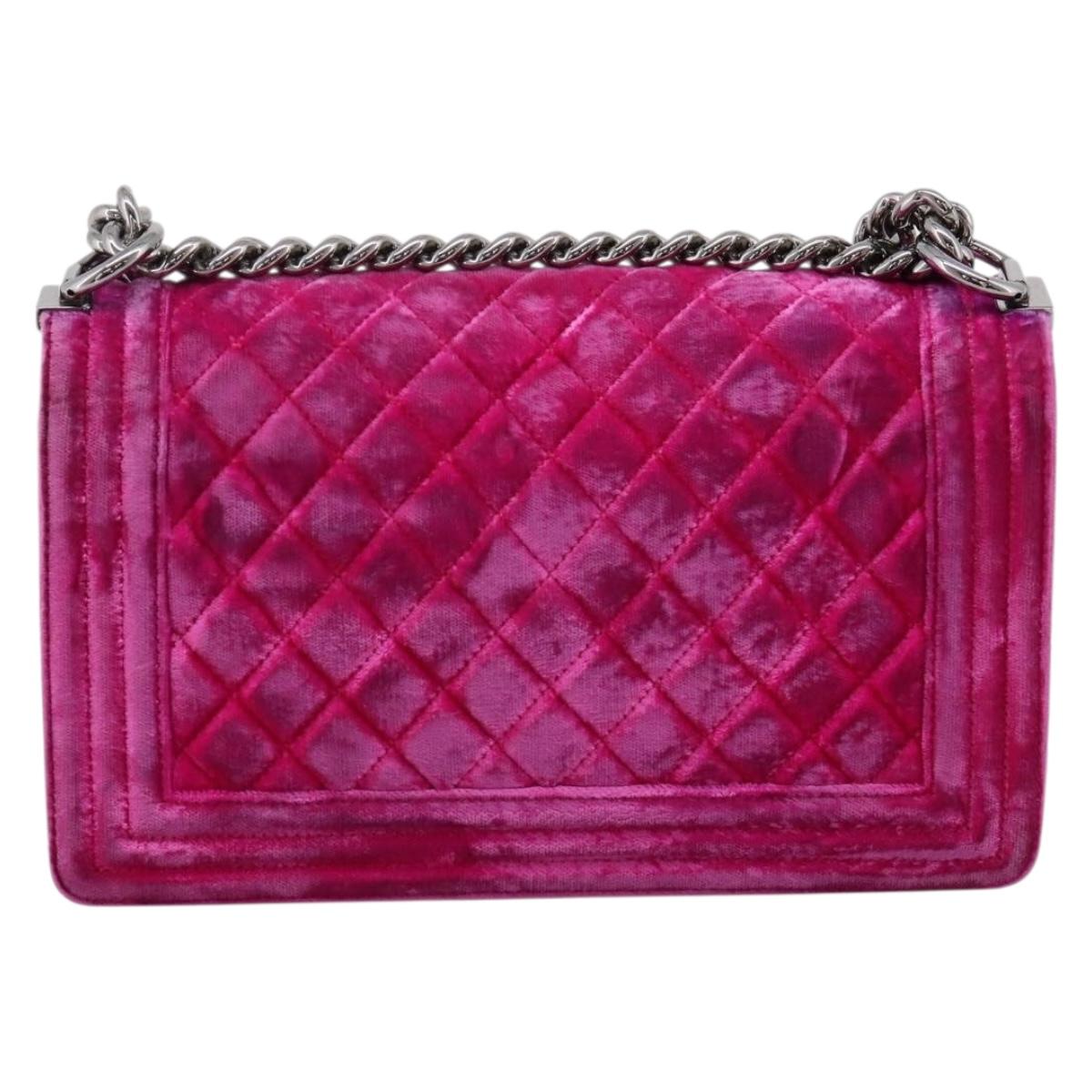 CHANEL Matelasse Boy Chanel Chain Shoulder Bag Velor Pink Silver CC Auth 206259M