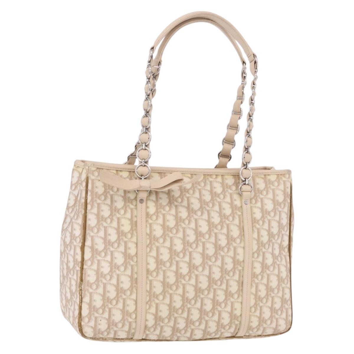 Christian Dior Trotter Canvas Chain Tote Bag PVC Ivory Silver Auth 206261A