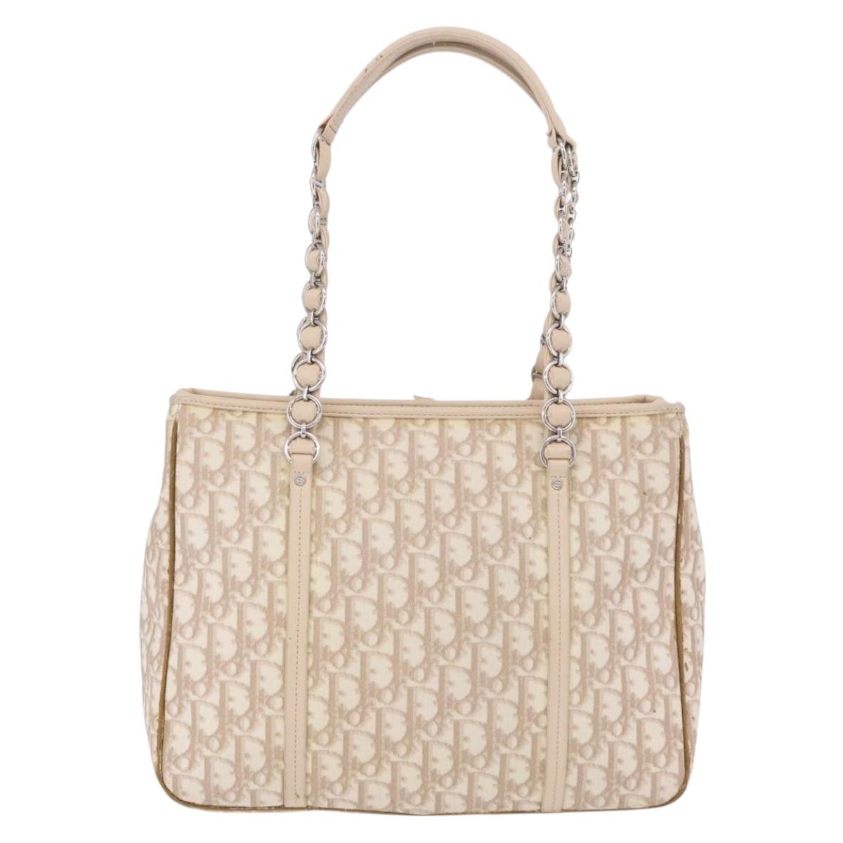 Christian Dior Trotter Canvas Chain Tote Bag PVC Ivory Silver Auth 206261A