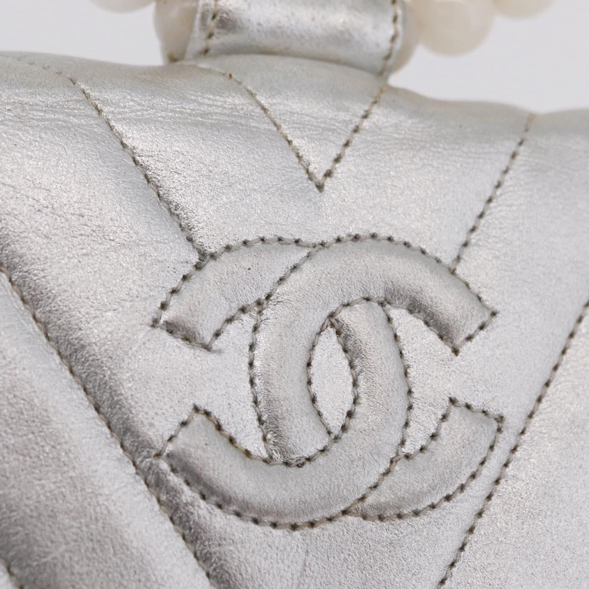 CHANEL V Stitch Hand Bag Lamb Skin Silver Gold CC Auth 206262SAV