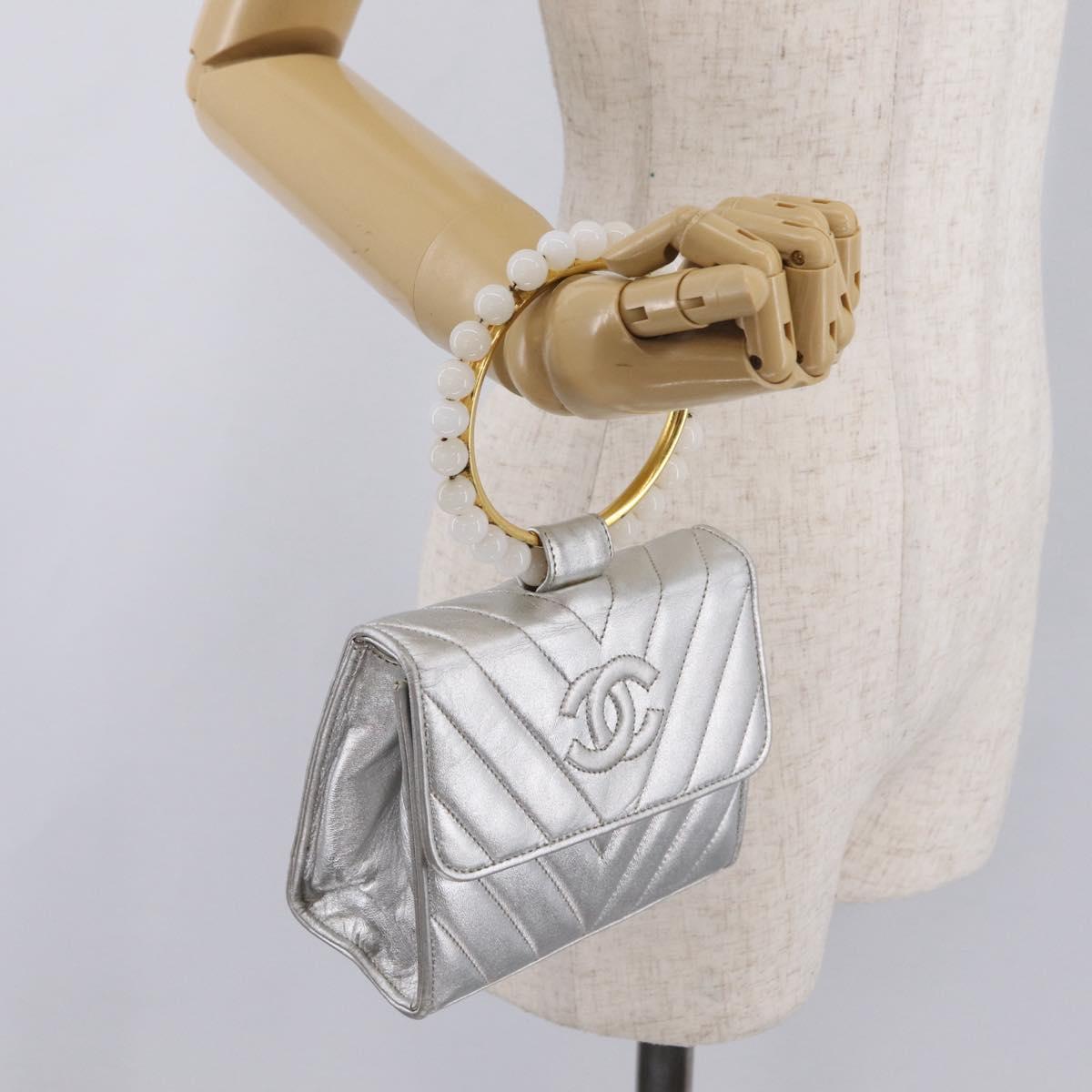 CHANEL V Stitch Hand Bag Lamb Skin Silver Gold CC Auth 206262SAV