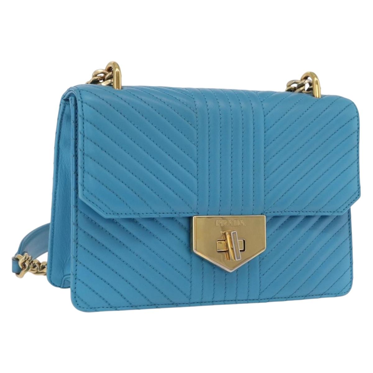 PRADA Chain Shoulder Bag Leather Blue Gold Auth 206268V