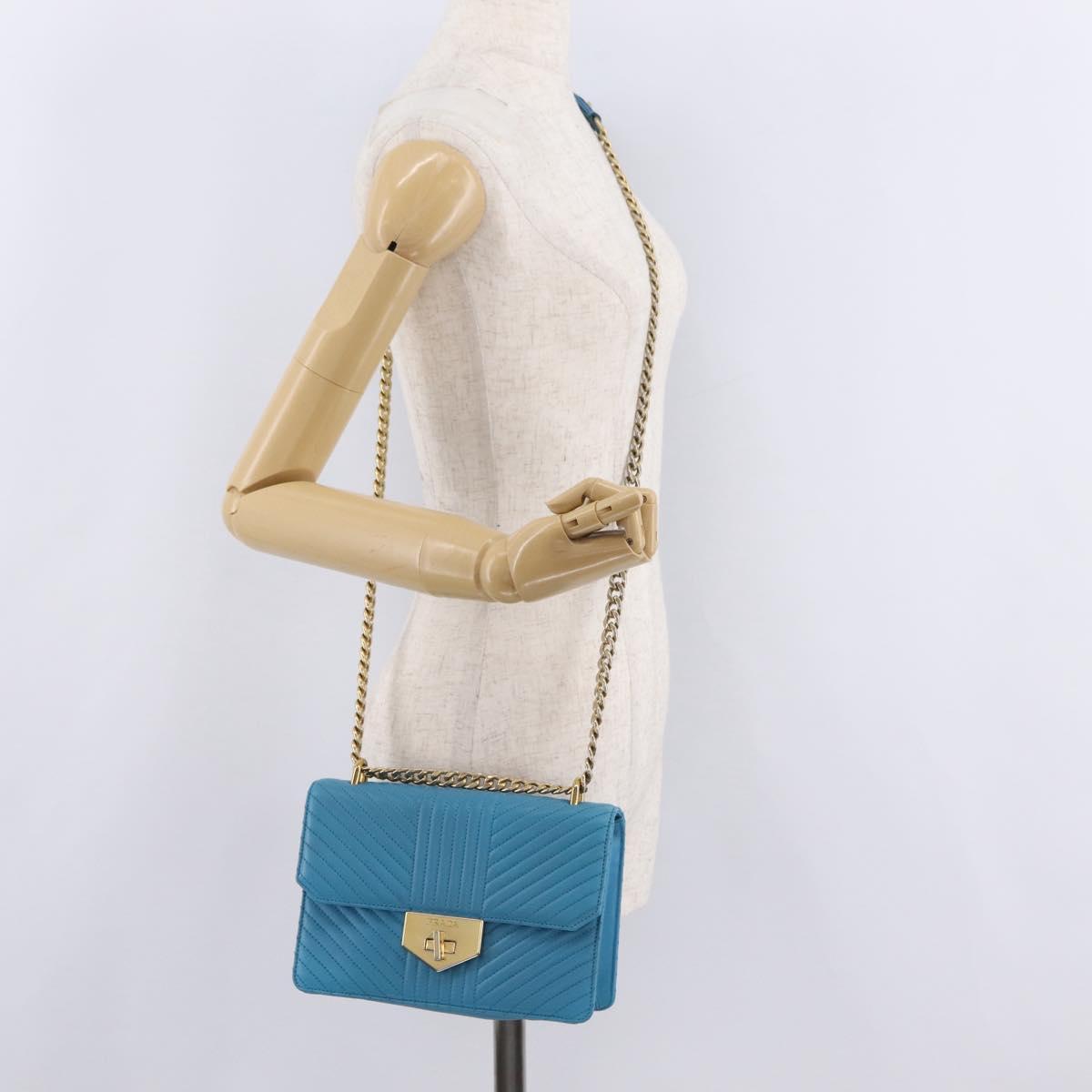 PRADA Chain Shoulder Bag Leather Blue Gold Auth 206268V