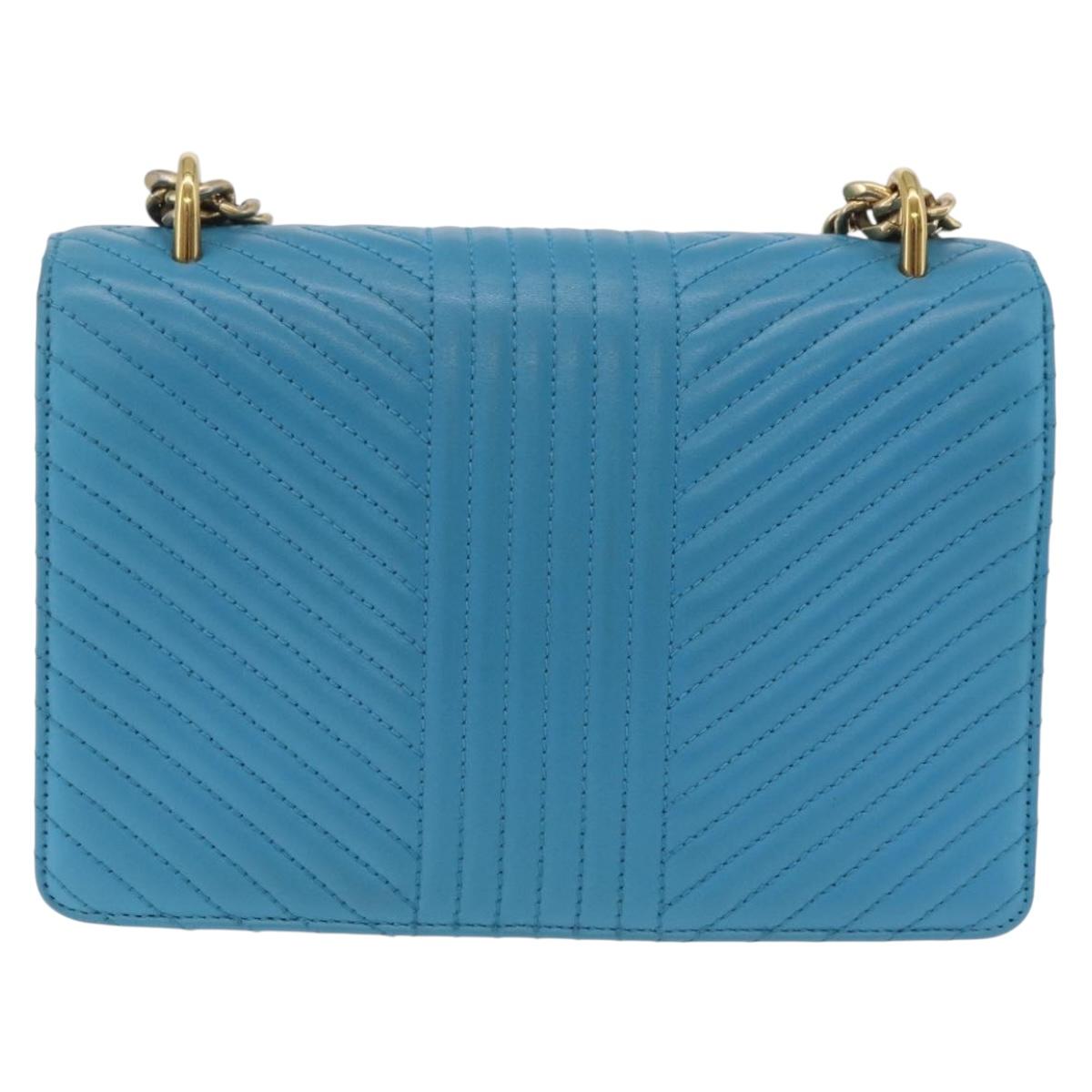 PRADA Chain Shoulder Bag Leather Blue Gold Auth 206268V