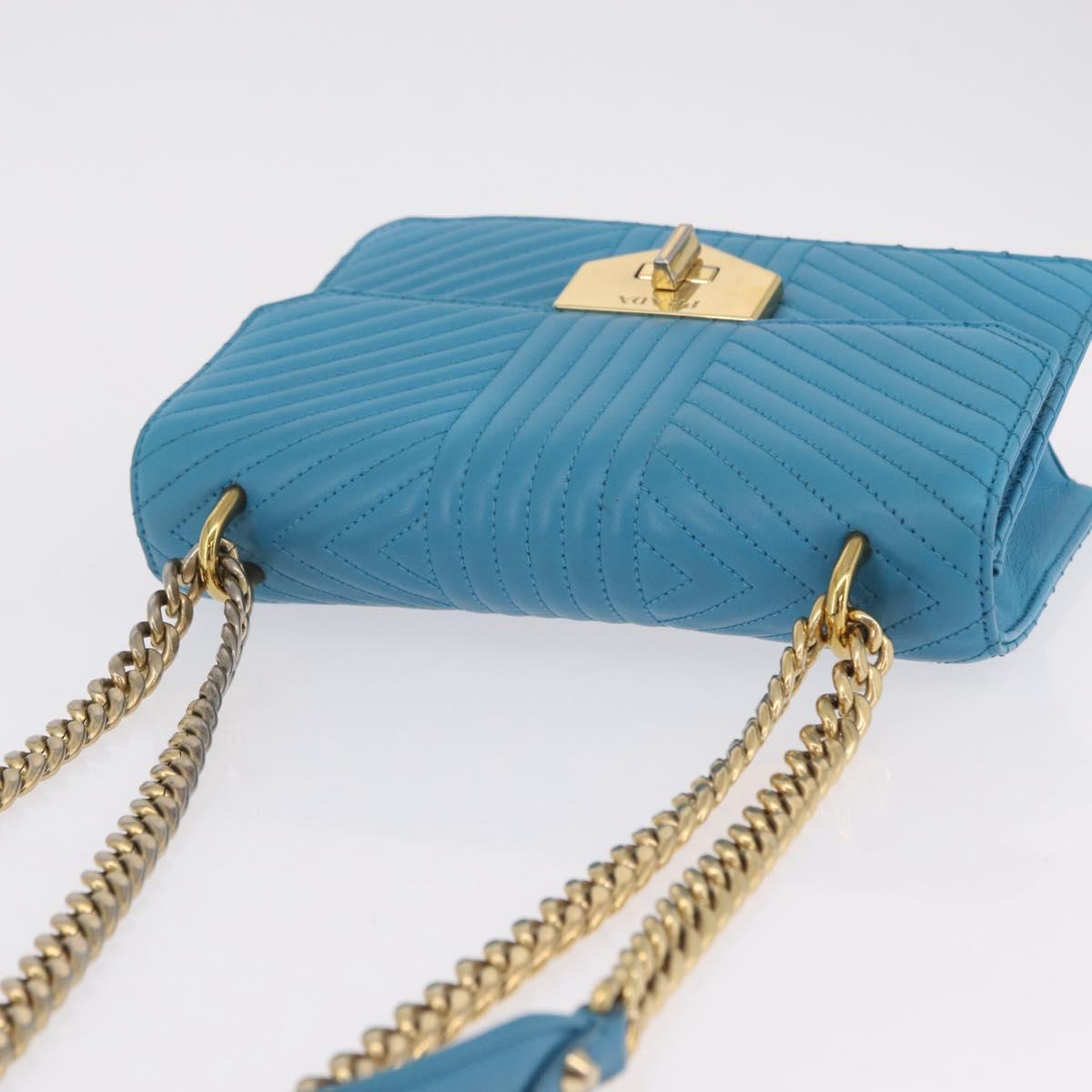 PRADA Chain Shoulder Bag Leather Blue Gold Auth 206268V