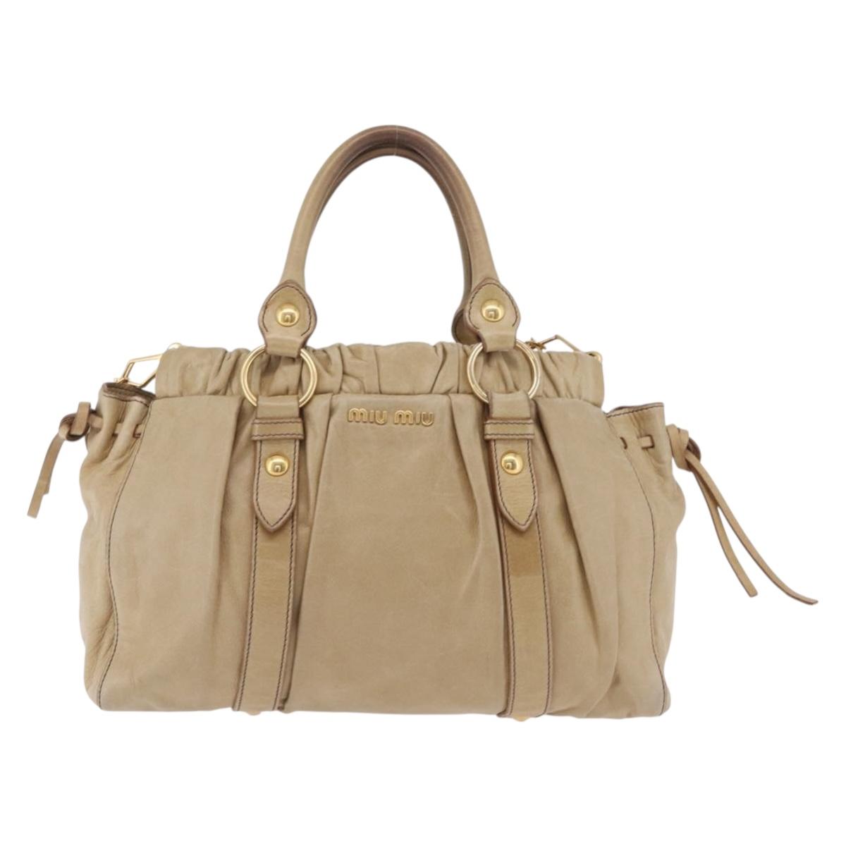 Miu Miu Vitellolux Matelasse Hand Bag Leather 2way Beige Gold Auth 206271A