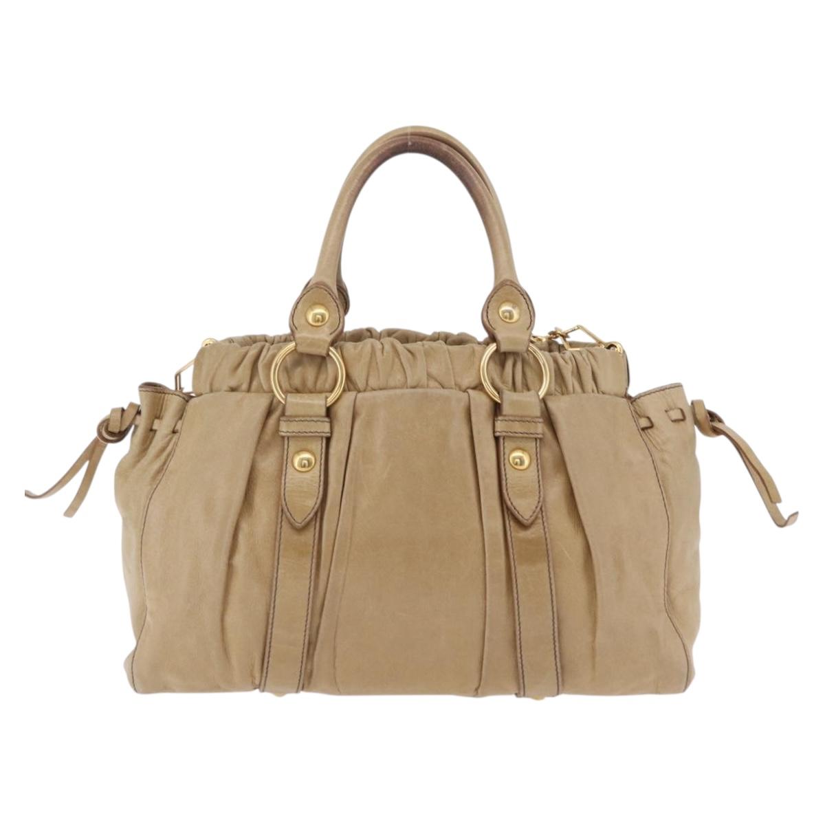 Miu Miu Vitellolux Matelasse Hand Bag Leather 2way Beige Gold Auth 206271A