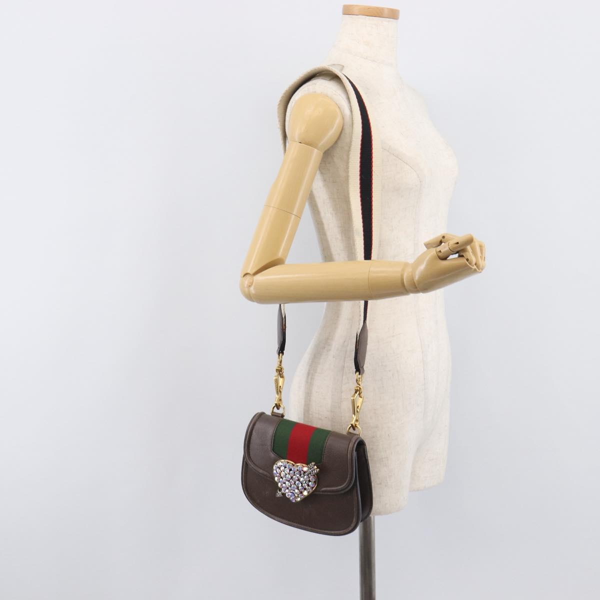 GUCCI Web Sherry Line Shoulder Bag Leather Brown Gold 500756 Auth 206277M