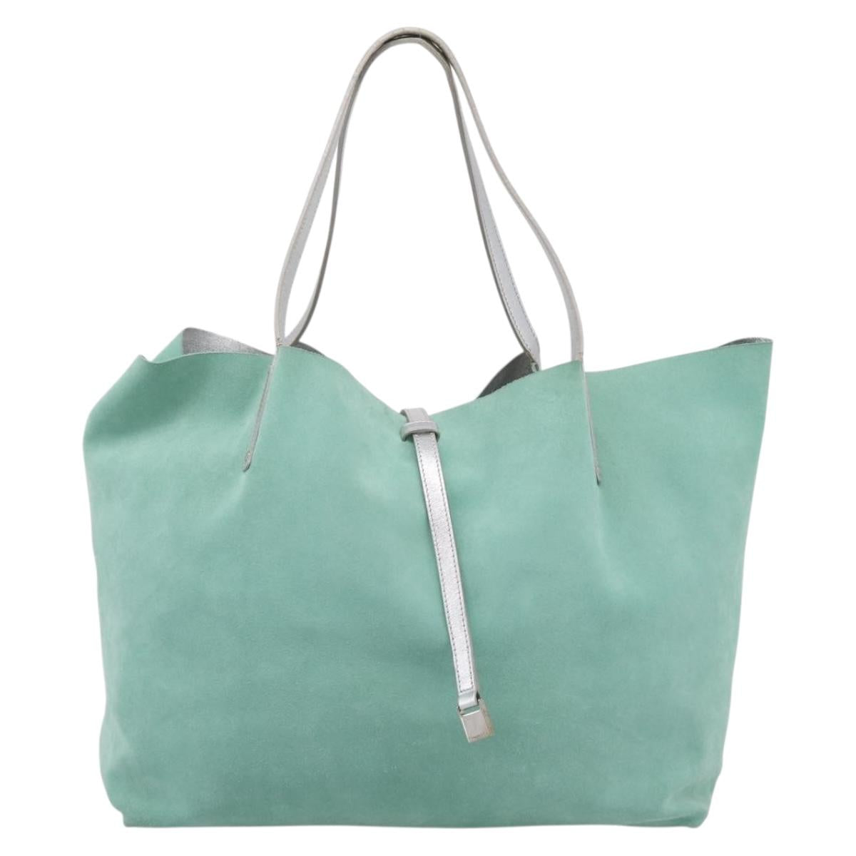 Tiffany & Co. Tote Bag Suede Turquoise Blue Silver Auth 206280A
