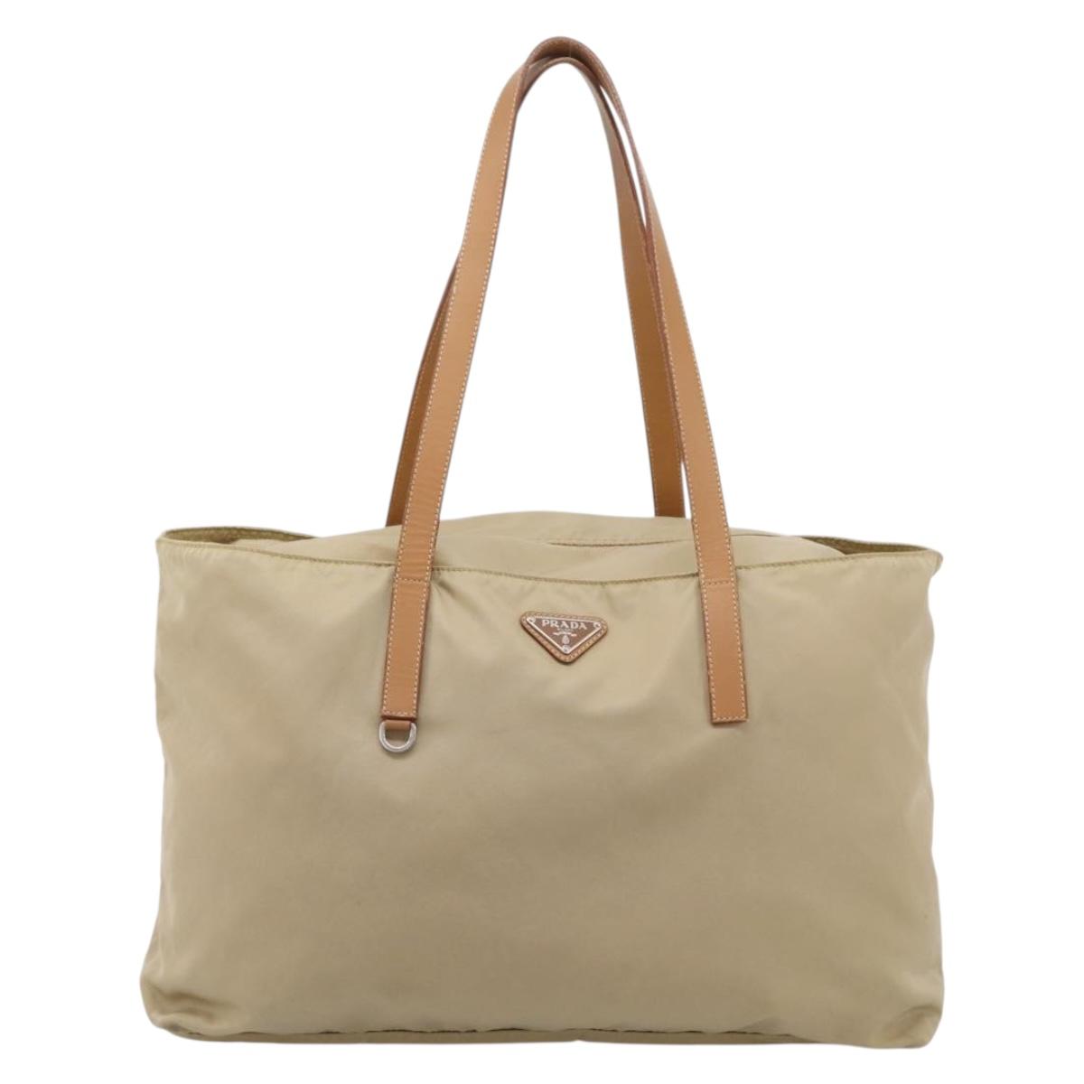 PRADA Tote Bag Nylon Beige Silver Auth 206281A