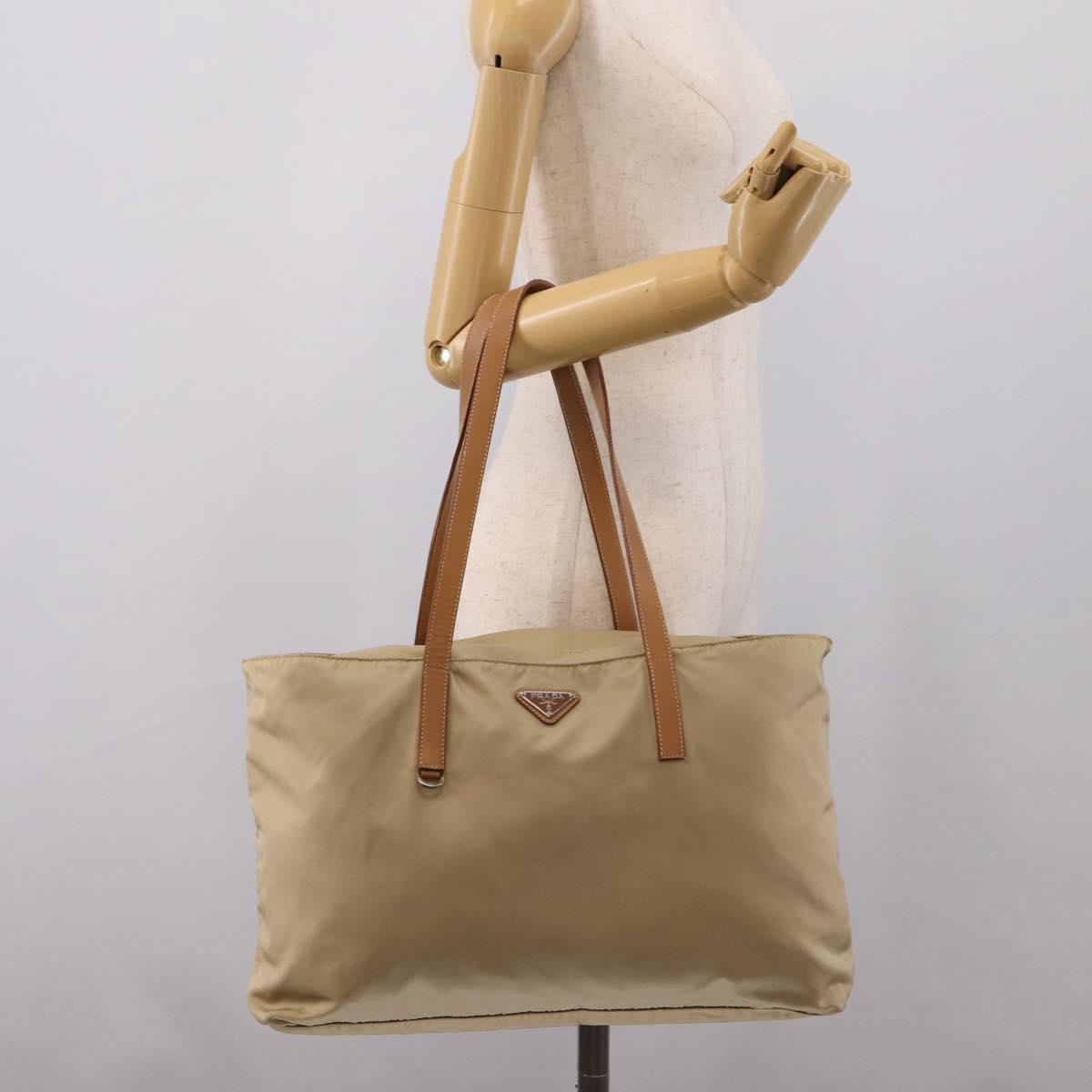 PRADA Tote Bag Nylon Beige Silver Auth 206281A