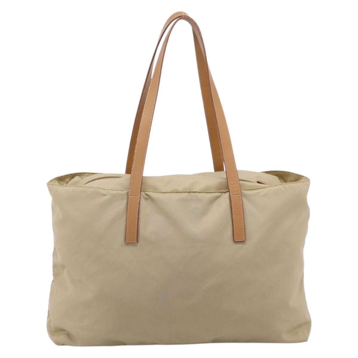 PRADA Tote Bag Nylon Beige Silver Auth 206281A
