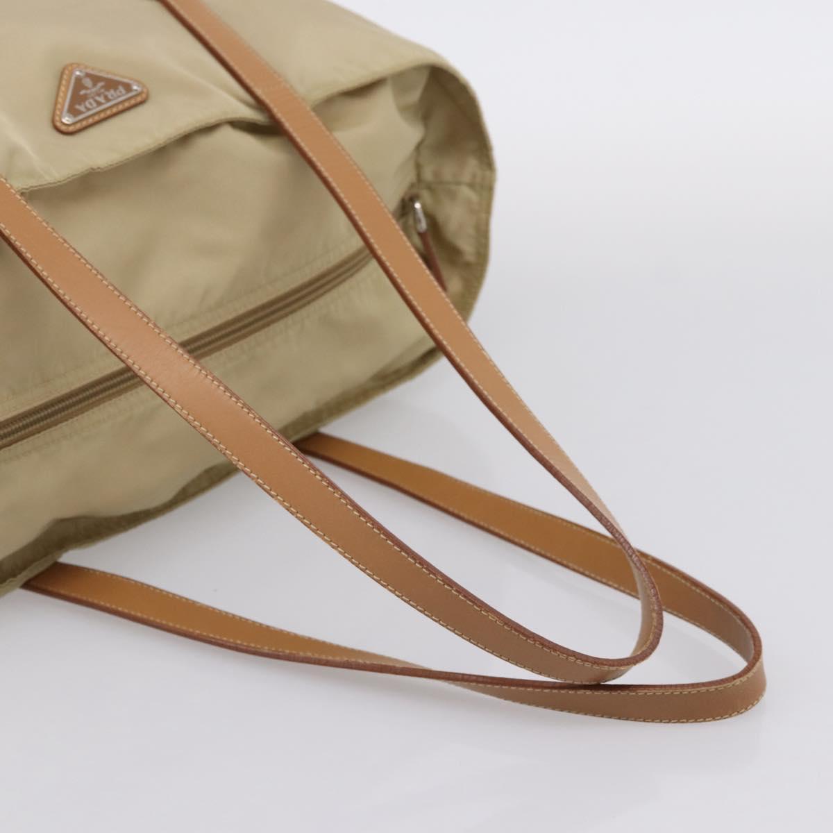 PRADA Tote Bag Nylon Beige Silver Auth 206281A