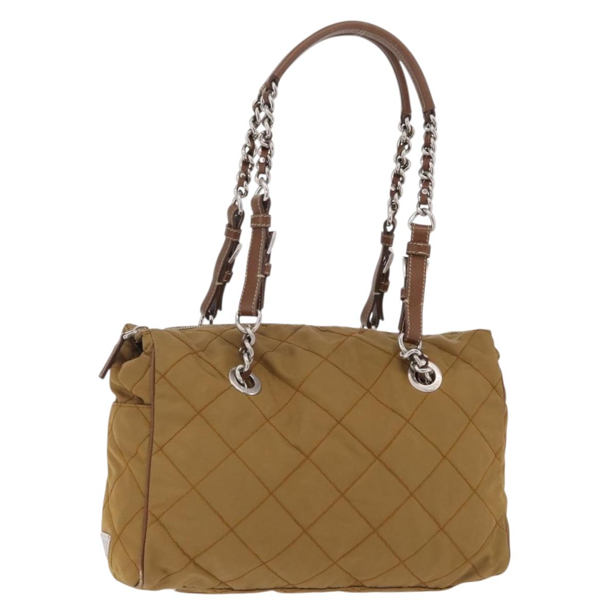 PRADA Chain Tote Bag Nylon Brown Silver Auth 206291