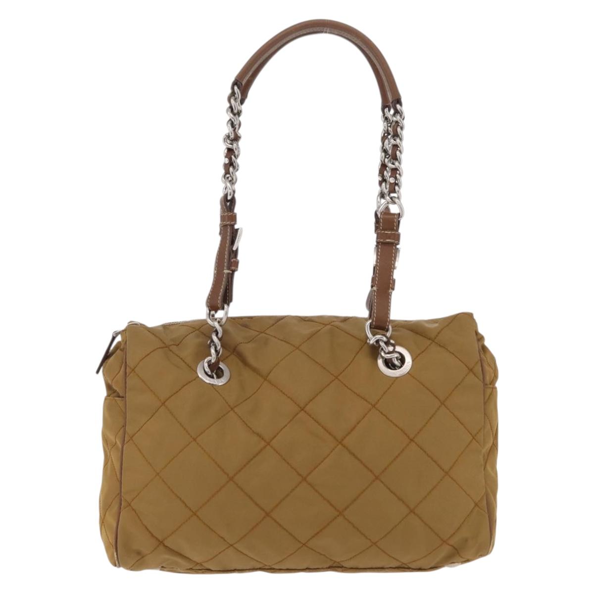 PRADA Chain Tote Bag Nylon Brown Silver Auth 206291