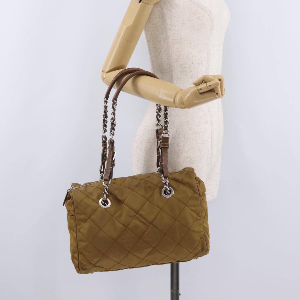 PRADA Chain Tote Bag Nylon Brown Silver Auth 206291