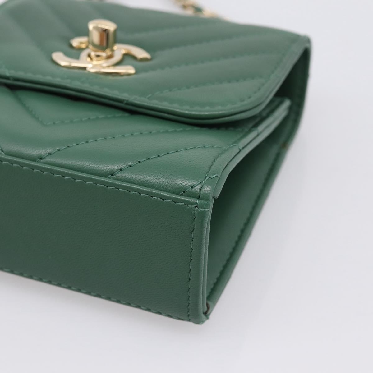 CHANEL V Stitch Chain Shoulder Bag Lamb Skin Green Gold CC Auth 206308SAM