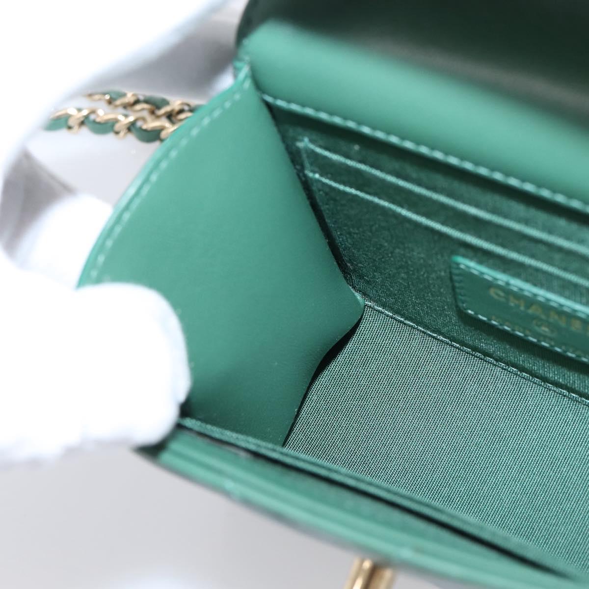 CHANEL V Stitch Chain Shoulder Bag Lamb Skin Green Gold CC Auth 206308SAM