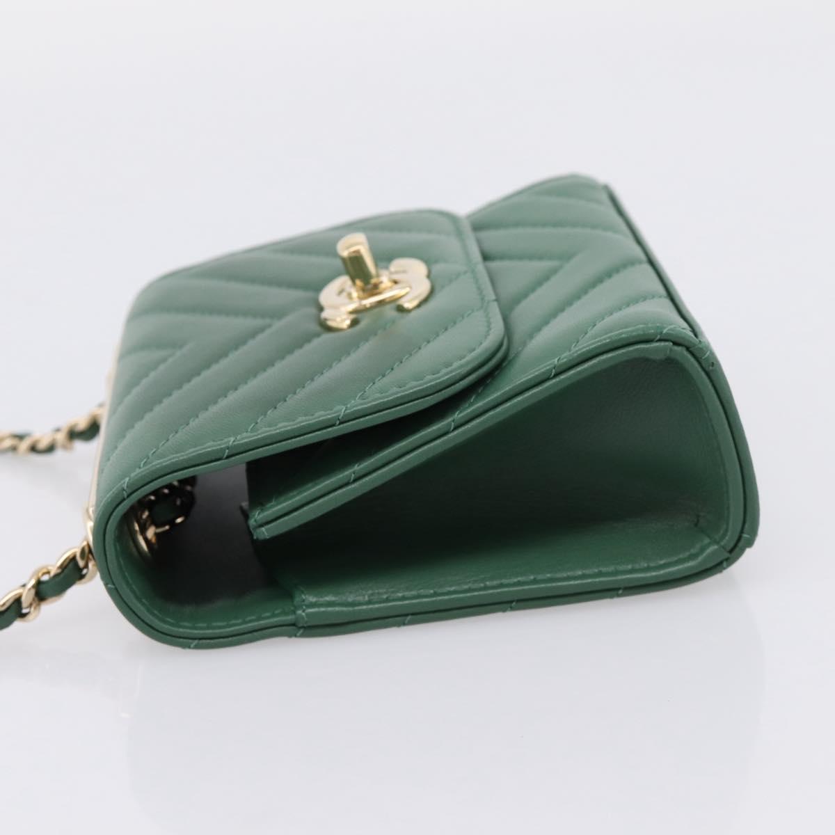 CHANEL V Stitch Chain Shoulder Bag Lamb Skin Green Gold CC Auth 206308SAM