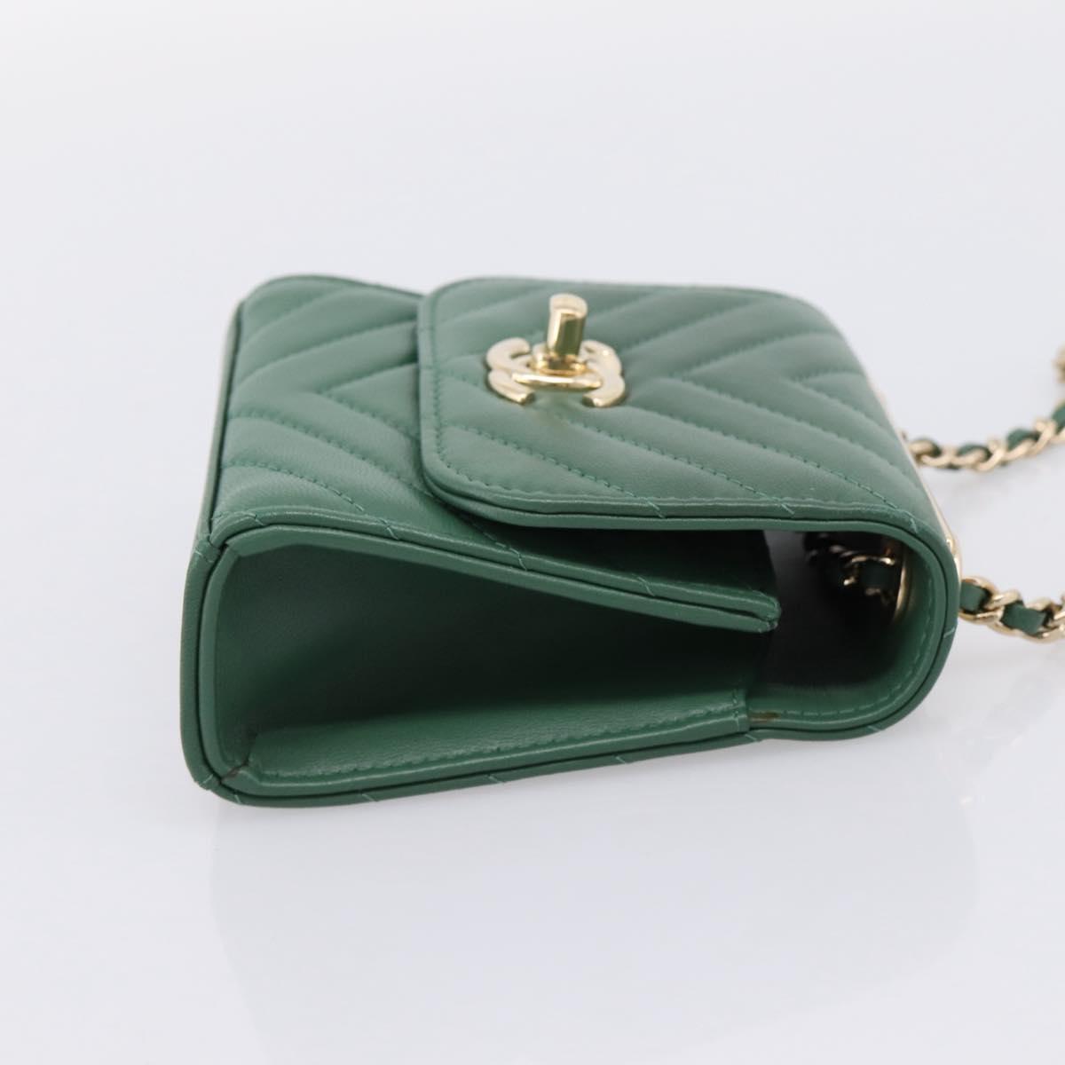 CHANEL V Stitch Chain Shoulder Bag Lamb Skin Green Gold CC Auth 206308SAM