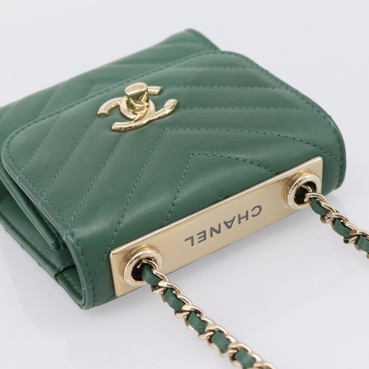 CHANEL V Stitch Chain Shoulder Bag Lamb Skin Green Gold CC Auth 206308SAM