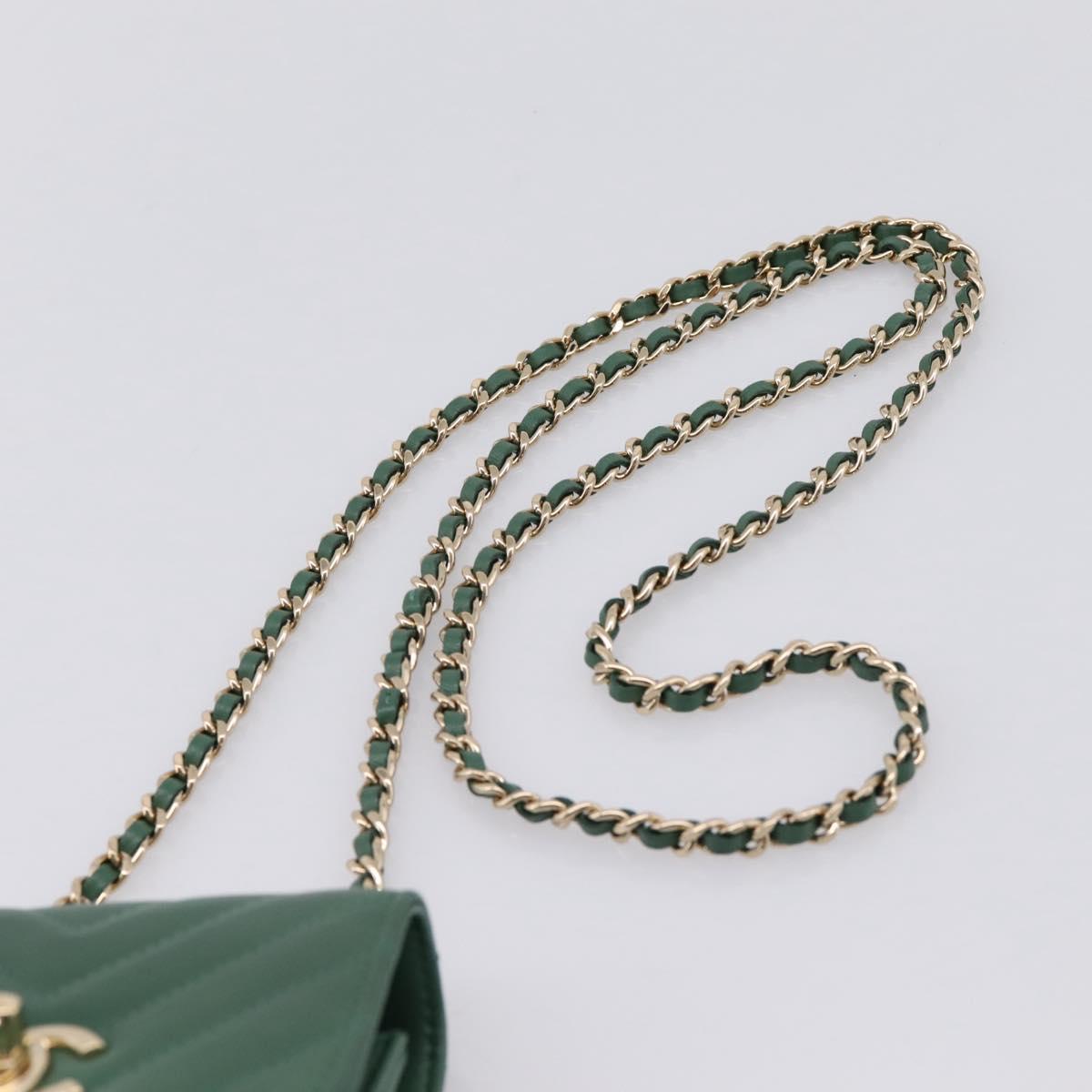 CHANEL V Stitch Chain Shoulder Bag Lamb Skin Green Gold CC Auth 206308SAM
